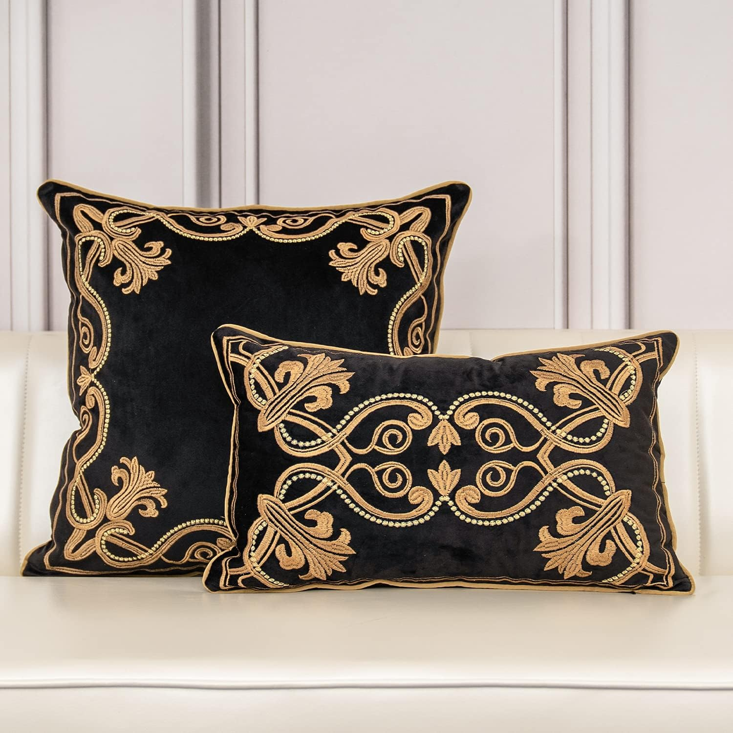 Aeckself European Floral Pillow Cover 12X20 Inch, Luxury Velvet Embroidered Decorative Lumbar Throw Pillow Cover for Couch Bedroom Living Room, Black and Gold image number 4