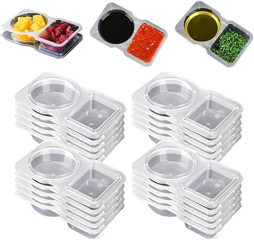 WEZCHUGHAOL 20 Pcs Double Compartment Condiment Containers with Lids 2024 New Reusable Plastic Condiment Snack Containers 2 Sided Compartment Packs for To-Go Dip, Sauce, Sampling, Travel Snack (150ML) image number 4