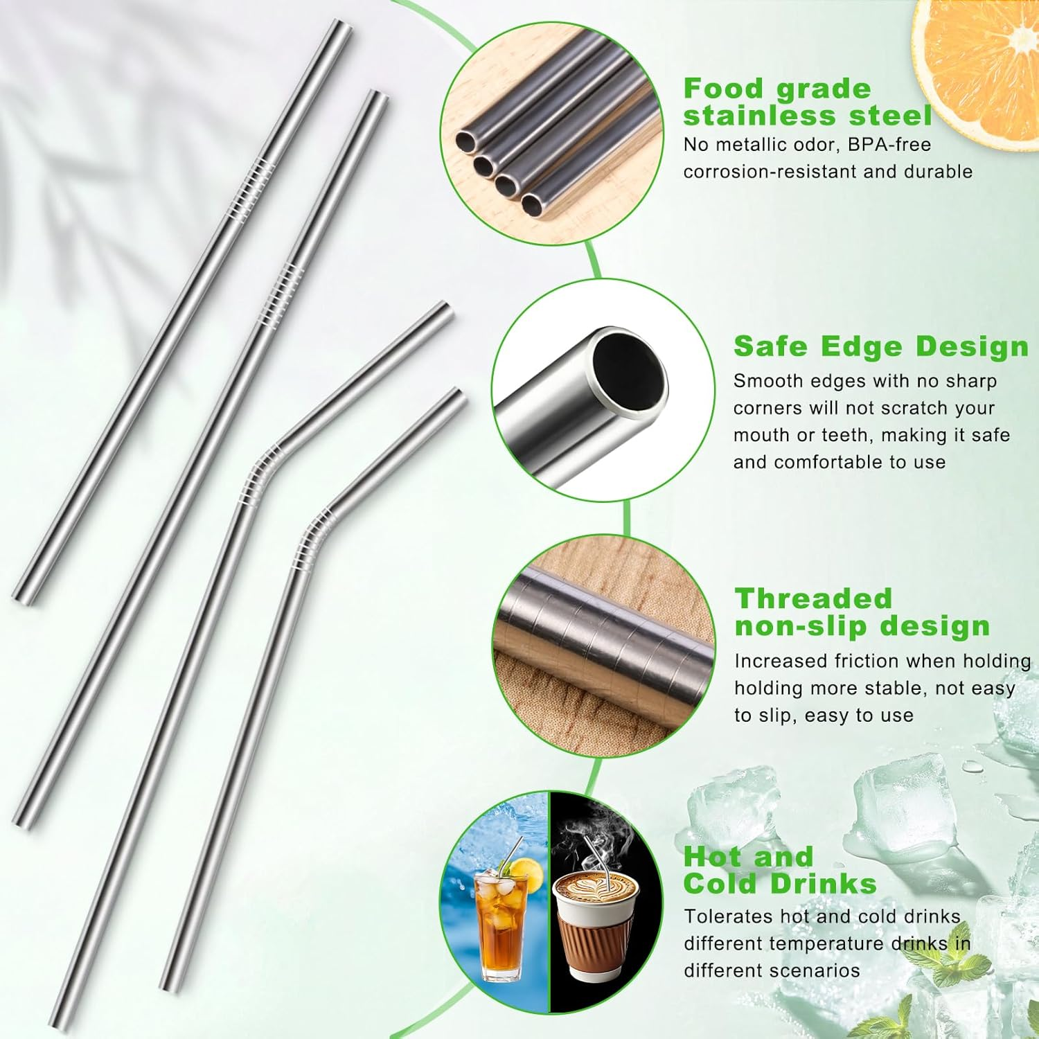 Stainless Steel Straws, 12 Pack Reusable Metal Straws, Drinking Straws 6 Straight 6 Bent with 2 Cleaning Brushes and Bag for Tumblers (Silver) image number 1