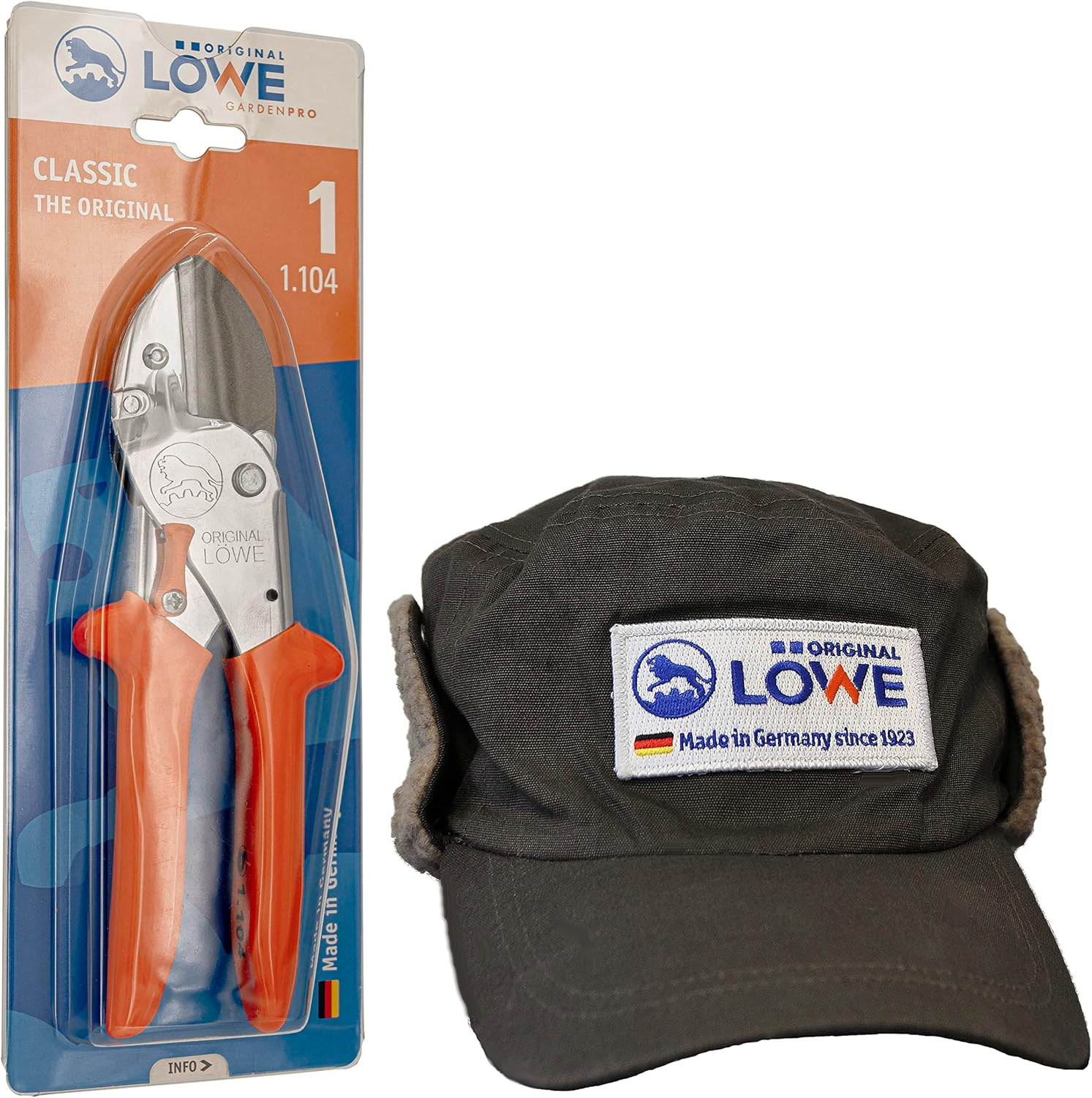 Original L&Ouml;WE 1 Professional Anvil Secateurs 1.104 with Stainless Steel Blade and Non-Stick Coating & Warm Lined Winter Hat, Ideal for Winter Gardening