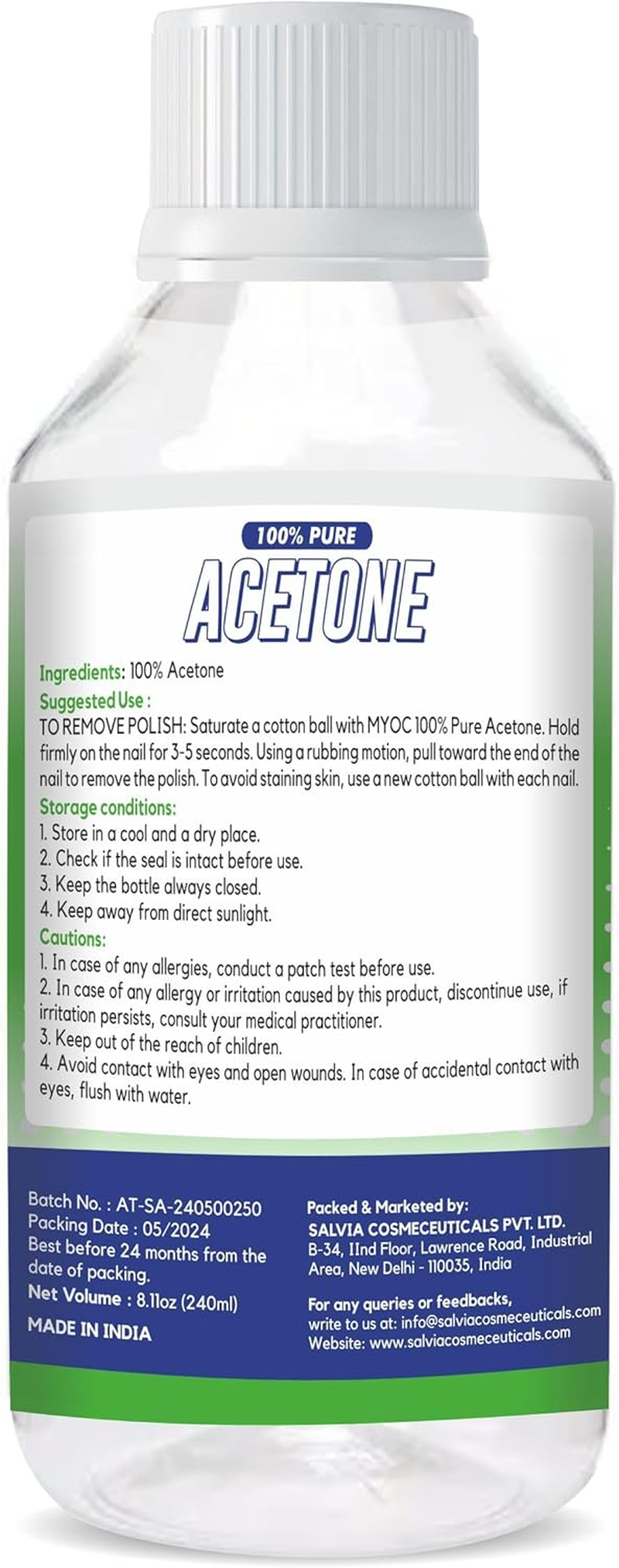 MYOC 100% Pure Acetone Nail Polish Remover for Natural, Gel & Acrylic Nails, Quick Professional Strength Formula - 240 Ml / 8.11 Fl Oz image number 1