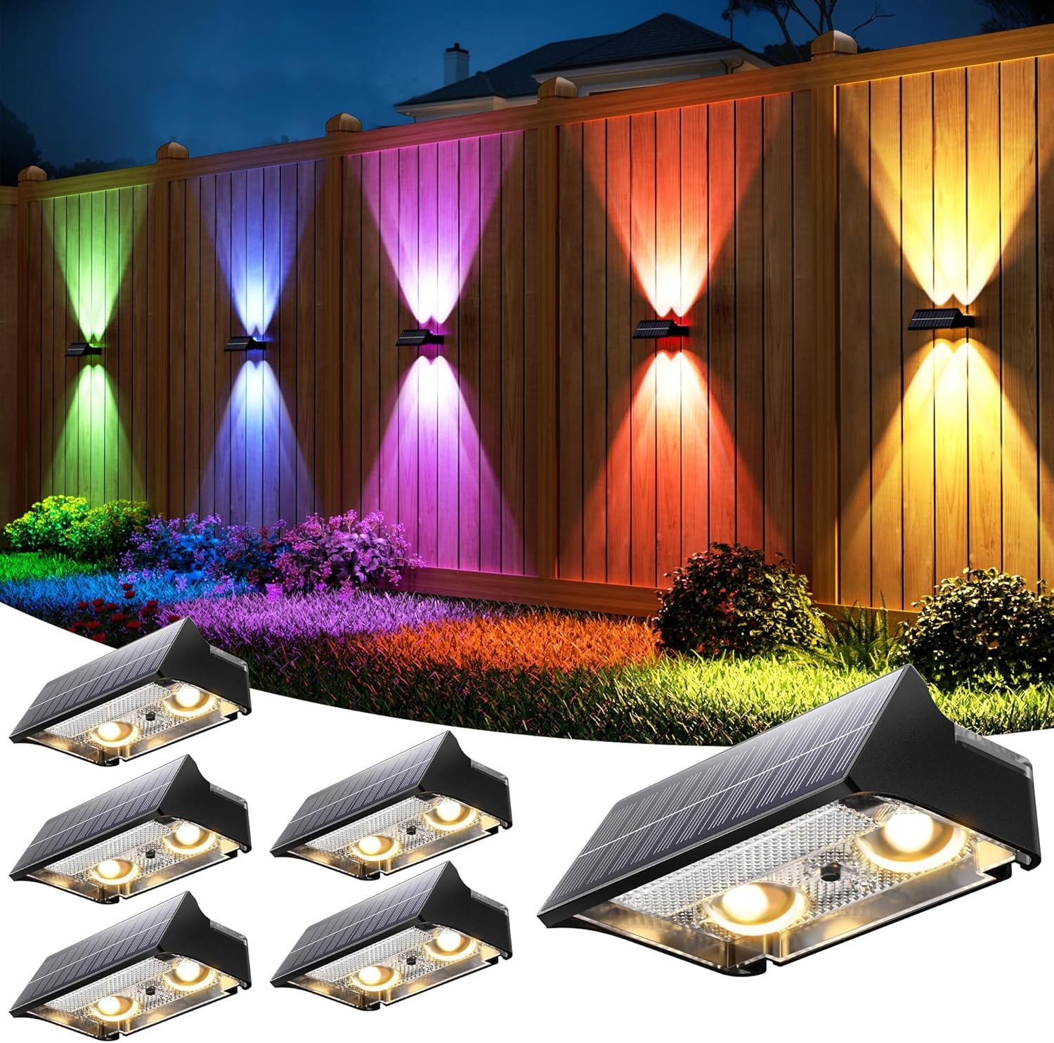 VOLISUN Solar Fence Lights Outdoor Garden 6 Pack, 9 Color Modes RGB Solar Garden Lights Waterproof IP65, Bright Fence Solar Lights for outside Deck Patio Gate Yard Pathway Decoration(Black) image number 3