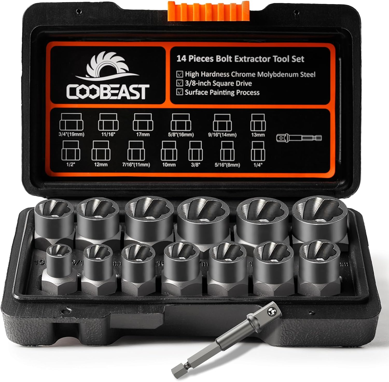 Coobeast Bolt Extractor Set Heavy Duty, 13Pcs Bolt Extractor Kit with 3/8 Inch Adapter, Stripped Lug Nut Remover, Easy Out Bolt Remover Set for Rusted, Rounded, Damaged Nuts Screws image number 4