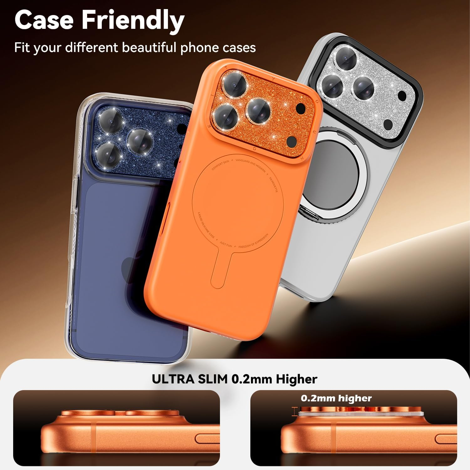 Imluckies Compatible with Iphone 17 Pro Max Camera Lens Protector Bling, Ultra HD Tempered Glass Shiny Diamond Camera Screen Protection, 9H Anti-Scratch & Easy Install, Glitter Orange image number 5