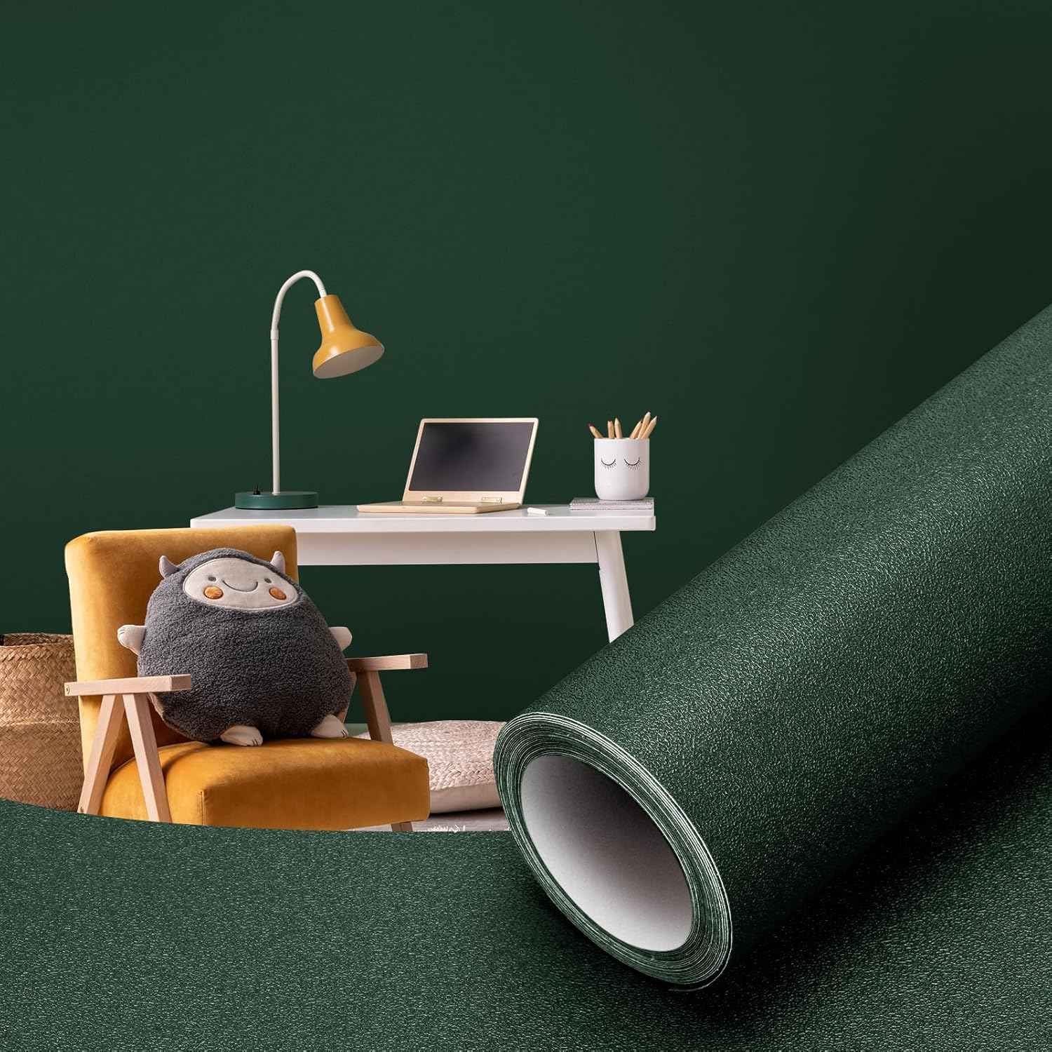 Orgthin Peel and Stick Wallpaper Contact Paper Self Adhesive 15.7" X 118.1", Solid Color Waterproof, Vinyl Wall Paper Roll, Textured Wallpaper Removable for Cabinets Countertop Shelf, Dark Green