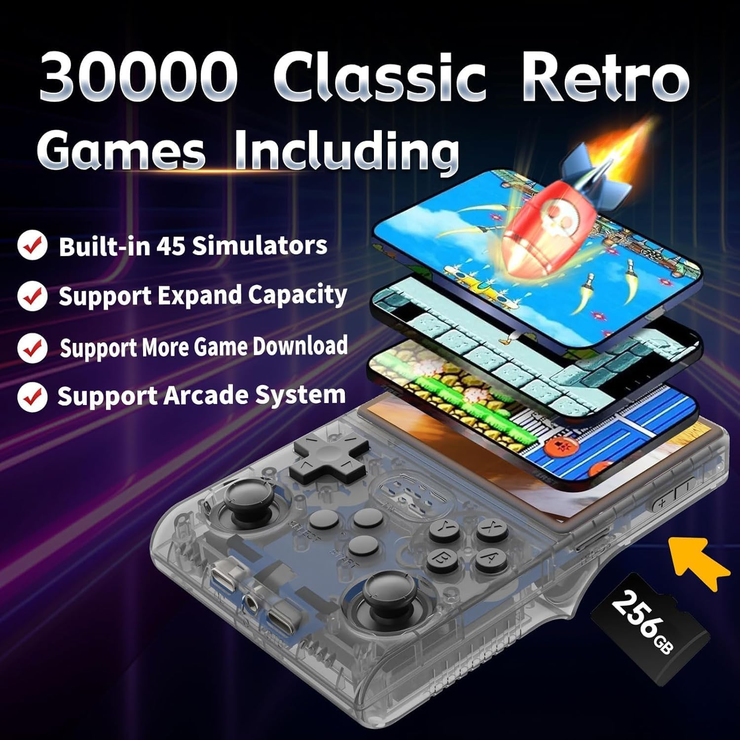 R40S Pro Handheld Game Console, 30000 HD Games Mini Portable Video Game Console, 3.5-Inch IPS Screen,256Gb Memory,Built in 45 Emulators,3800Mah Battery (Transparent Gray 256GB) image number 5