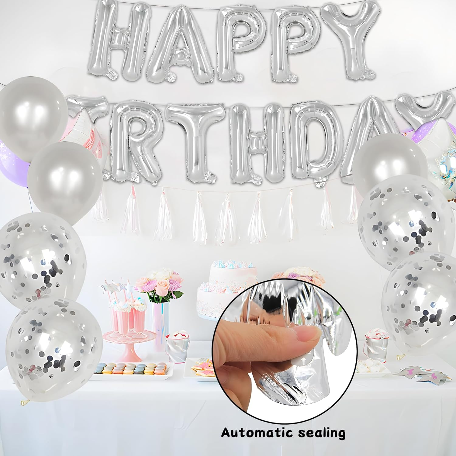 Silver Happy Birthday Balloons Banner - 16 Inch Reusable Mylar Foil Letters Sign for Kids, Adults, Boys & Girls Birthday Party Decorations - Indoor & Outdoor Gold Balloons & Happy Birthday Sign image number 1