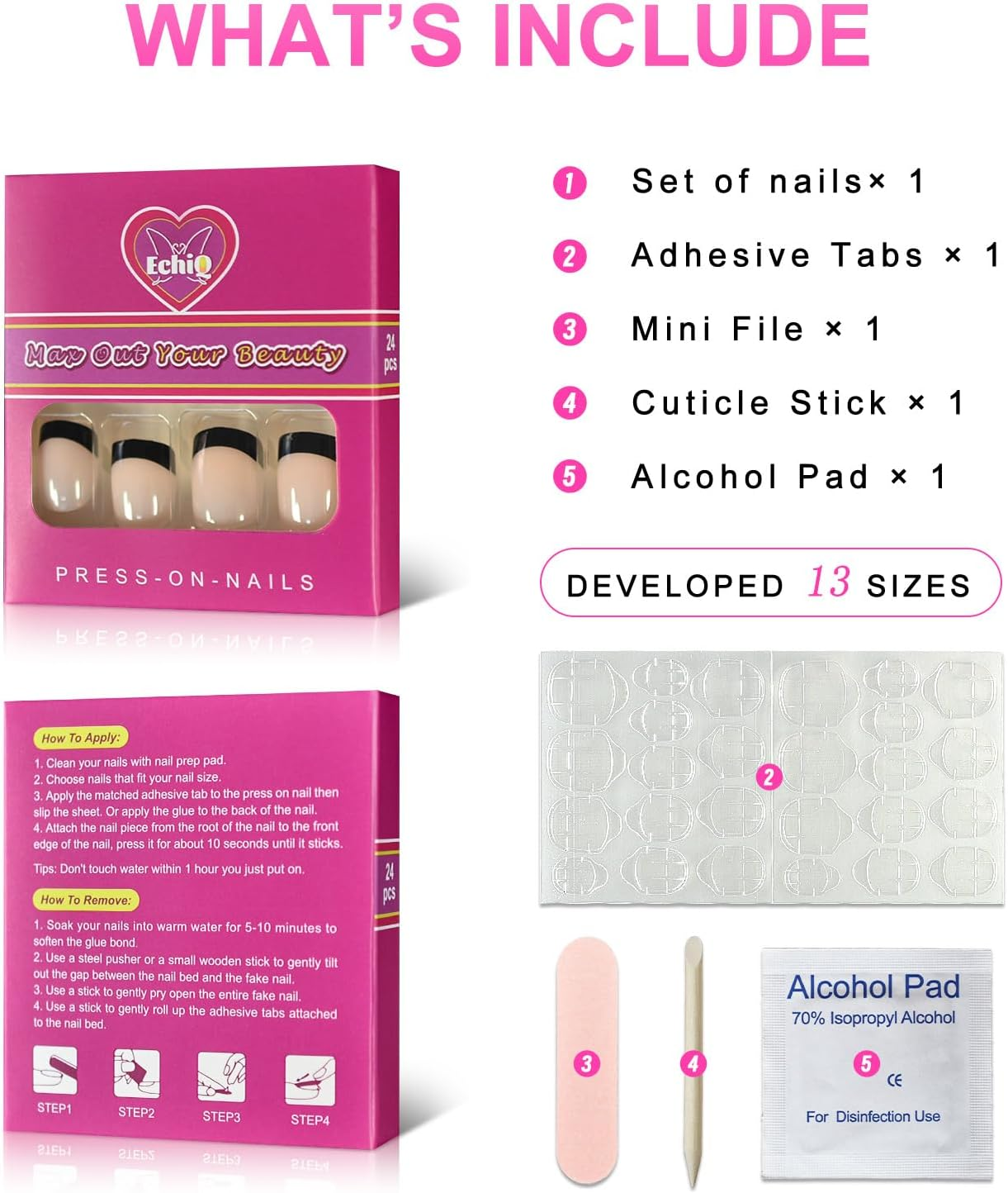 Black Tip Classy Finish Polish Press on Nails Medium-Short French Square Gel Acrylic Manicure DIY Reusable False Nails 24Pcs - Silver image number 2