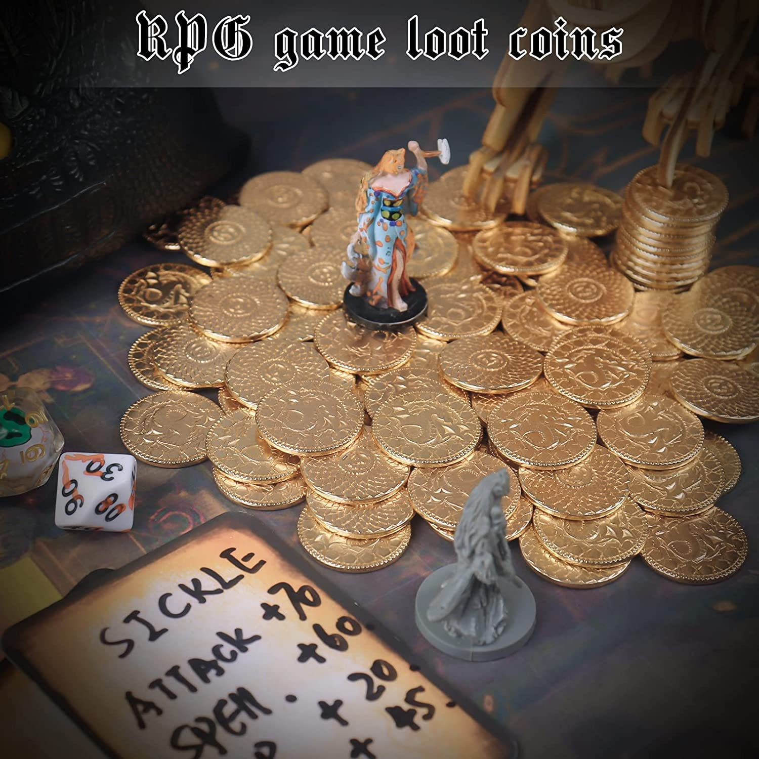 50 PCS Metal DND Coins with PU Leather Bag, Fantasy Gold Coins for Board Games, Game Tokens for Tabletop RPG Games, Black Dragon Bag D and D Coins Collection, Mid-Century Retro Gaming Accessories image number 2
