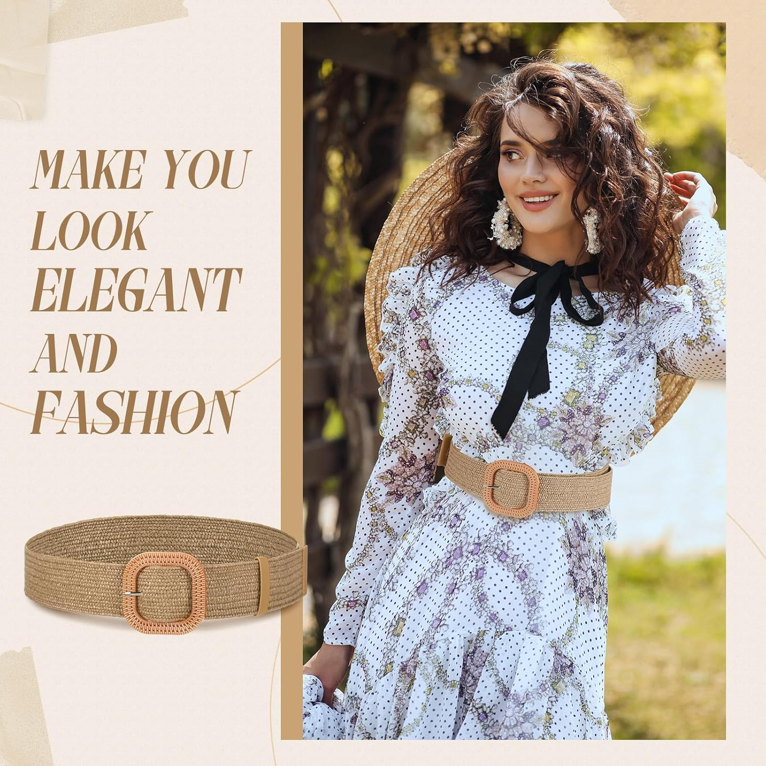 Syhood Women Straw Woven Belt Elastic Rattan Waist Belt Stretch Boho Dress Braided Belt Raffia Belt with Wood Buckle for Girl - Purple image number 4