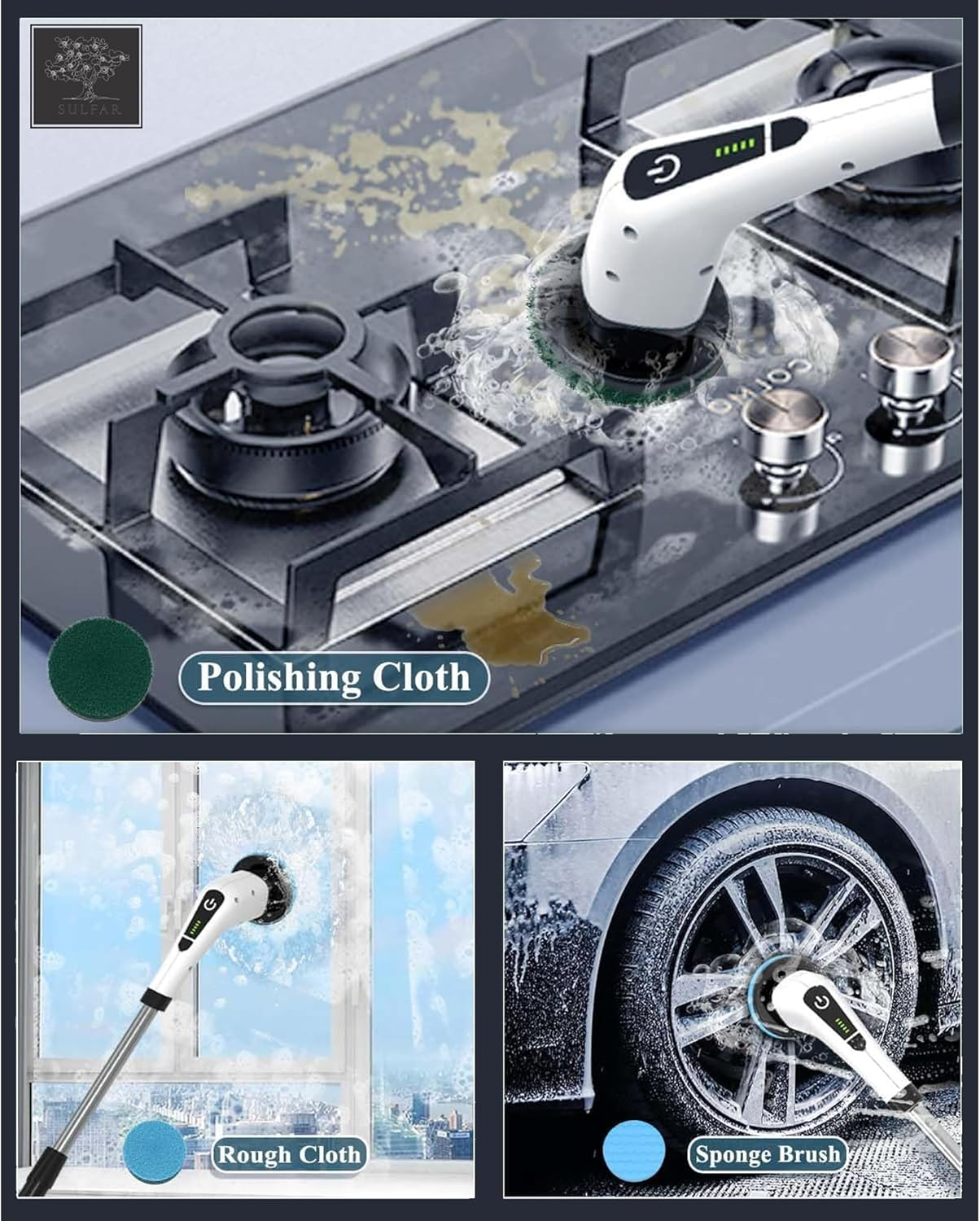 Sulfar Electric Spin Scrubber, Cordless Cleaning Brush with 7 Replaceable Drill Brush Heads and 54 Inch Adjustable Extension Arm, Power Shower Scrubber for Bathroom, Kitchen, Floor, Tile, Tub image number 2