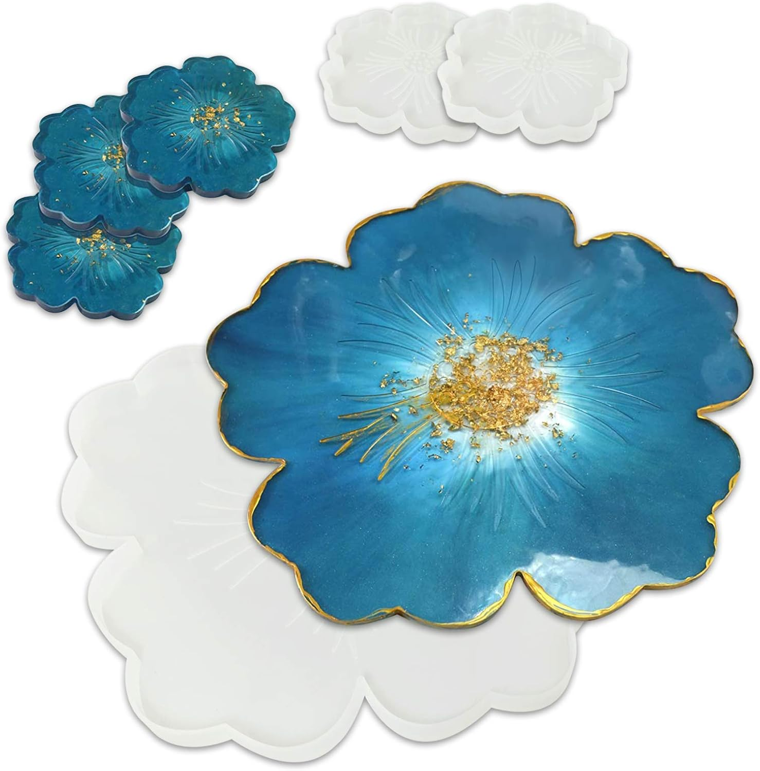 Flower Silicone Resin Moulds 6Pcs - 1Pc Large Resin Tray Moulds and 5Pcs Coaster Moulds 3D Design for DIY Epoxy Resin Casting Craft, Home Decoration image number 2
