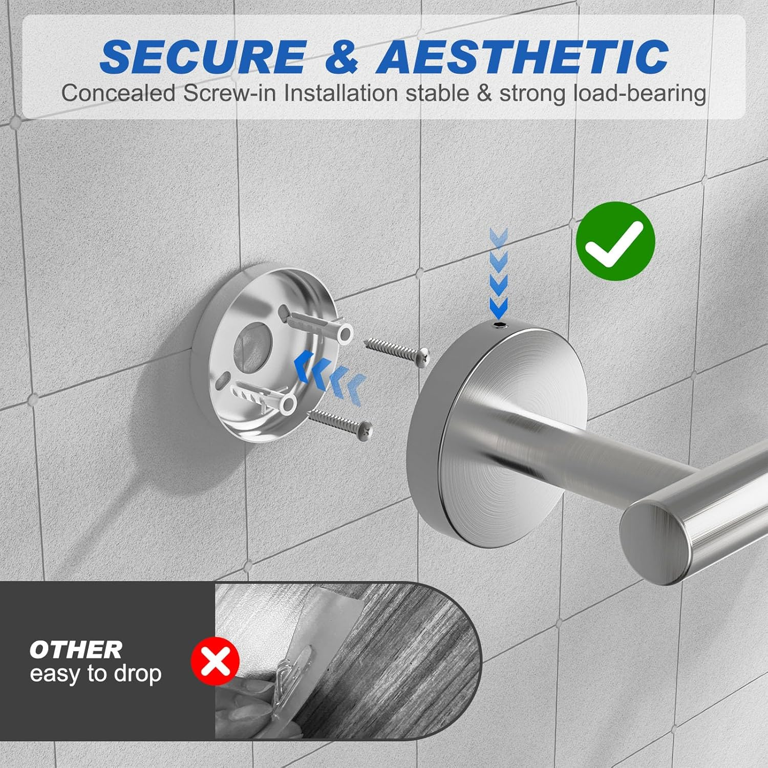 Bluefire 12-Piece Bathroom Hardware Set, Wall Mounted Bathroom Accessories Set Towel Bars for Bathroom Towel Holder Set with 2 Paper Tower Holders 2 Towel Bars 4 Adhesive Hooks 4 Towel Hooks(Sliver)