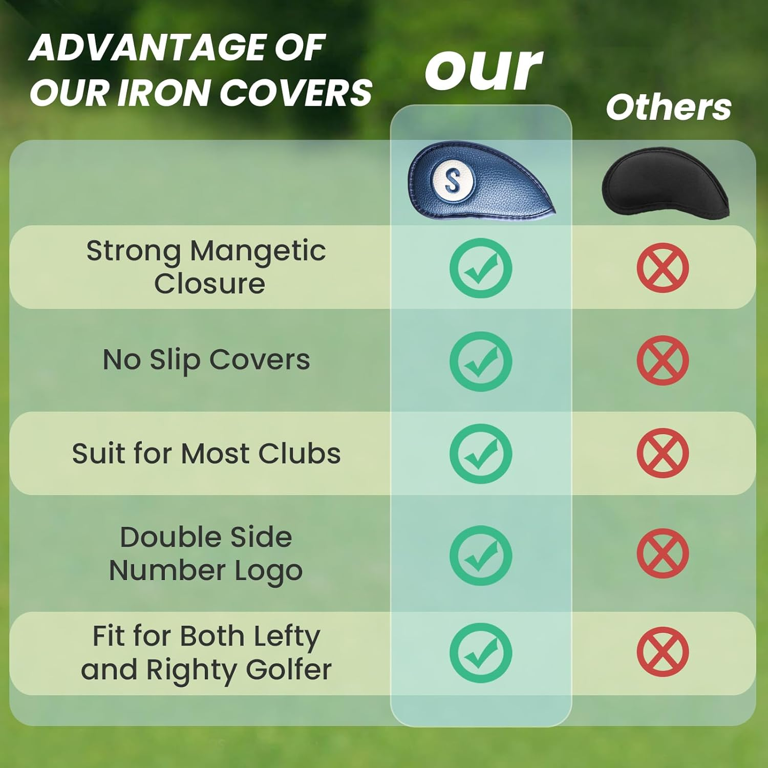 FINGER TEN Golf Club Covers for Irons Magnetic Value 11 Pack, Synthetic Leather Deluxe Head Cover Set Headcovers for Irons Fit Main Iron Clubs image number 6