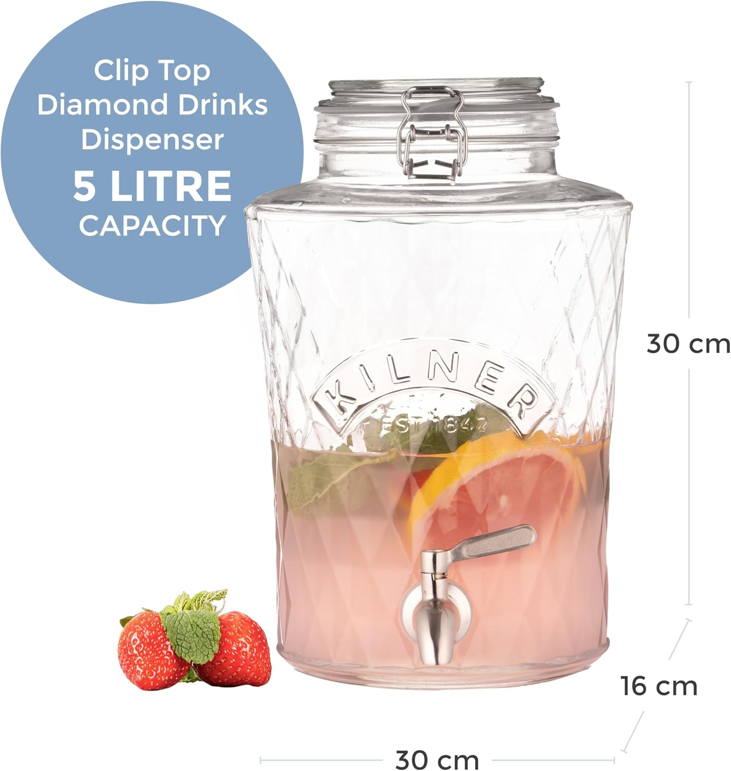 Kilner Diamond Drinks Dispenser 5 Litre Glass Beverage Server with Stainless Steel Tap, Airtight Clip-Top Lid & Silicone Seal, Ideal for Juices, Cocktails & Infused Drinks image number 3