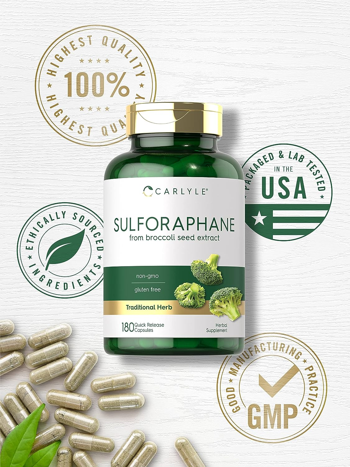 Sulforaphane Supplement | 400Mcg | 180 Capsules | Non-Gmo and Gluten Free Formula | Broccoli Sprout Extract | Traditional Herb | by Carlyle image number 1