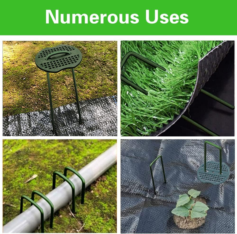 Bakulyor 50Pcs Green Artificial Turf Stakes Staples + 50Pcs Buffer Washer, 6 Inch 11 Gauge Landscape Staples, Galvanized Lawn Spikes, Heavy Duty Yard Ground Pin for Grass Weed Barrier Sod Fabric