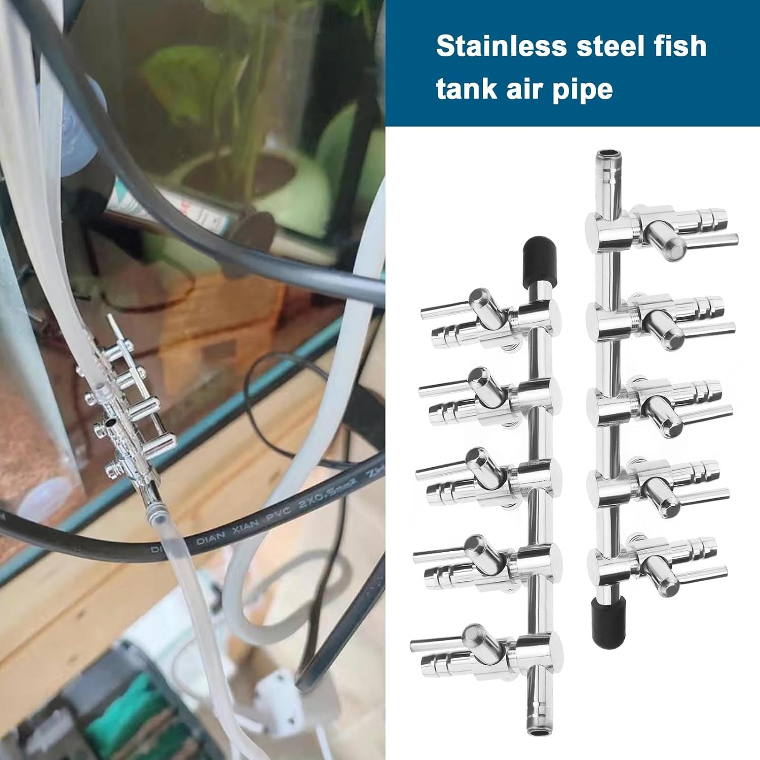 2PCS Aquarium Air Distribution Tubes Stainless Steel Aquarium Air Splitter Tube Adjustable Air Flow Control Valve for Aquarium Hatchery Aquaculture image number 1