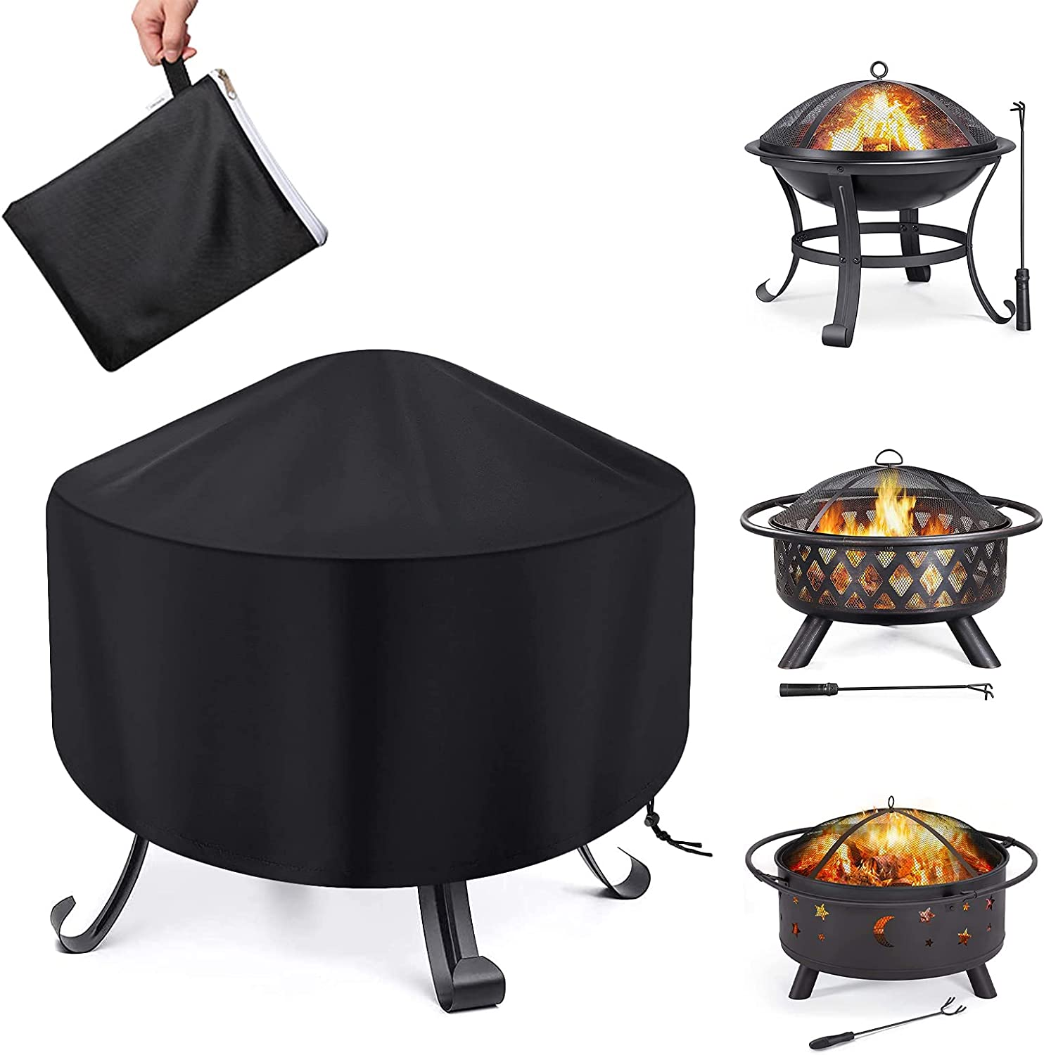 Fire Pit Cover round Waterproof Fit for 80/90/100Cm Outdoor round Firepit or Fire Bowl 420D Heavy Duty Firepit Cover, Black Patio Fire Bowl Cover image number 1