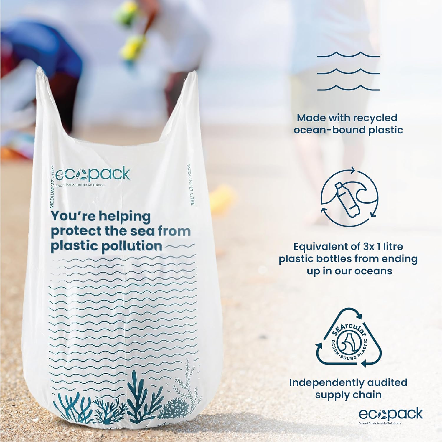 Ecopack 27L Medium Bin Bags with Handles,104 Bags (4 Rolls of 26 Bags Each) - Made Recycled Plastic Bin Bag/Bin Liner with Tie-Handles - Strong, Heavy Duty Rubbish Bag image number 2