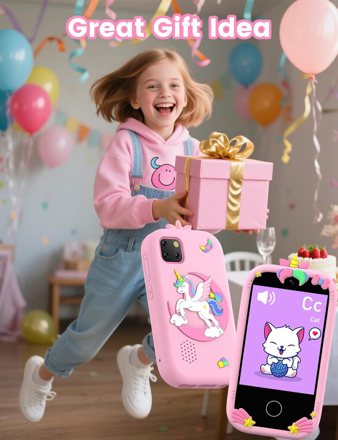 ZONEY Kids Smart Phone Toys, Christmas Birthday Gifts for Girls Age 4-10, Kids Educational Phone, 2.8" Touchscreen Toddler Learning Play Toy Phone with Dual Camera, Game, Music Player, 32GB Card, Pink - Pink image number 3