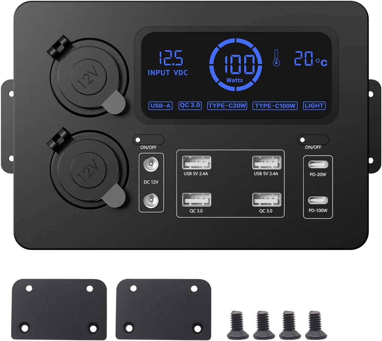 LAPOOH Mini Power Box, 12V 100W LCD Display Power Box with LED Lights, USB-C & QC3.0 Ports, Portable Control Hub for Rvs, Suvs, Boats, Yachts, Cars image number 4
