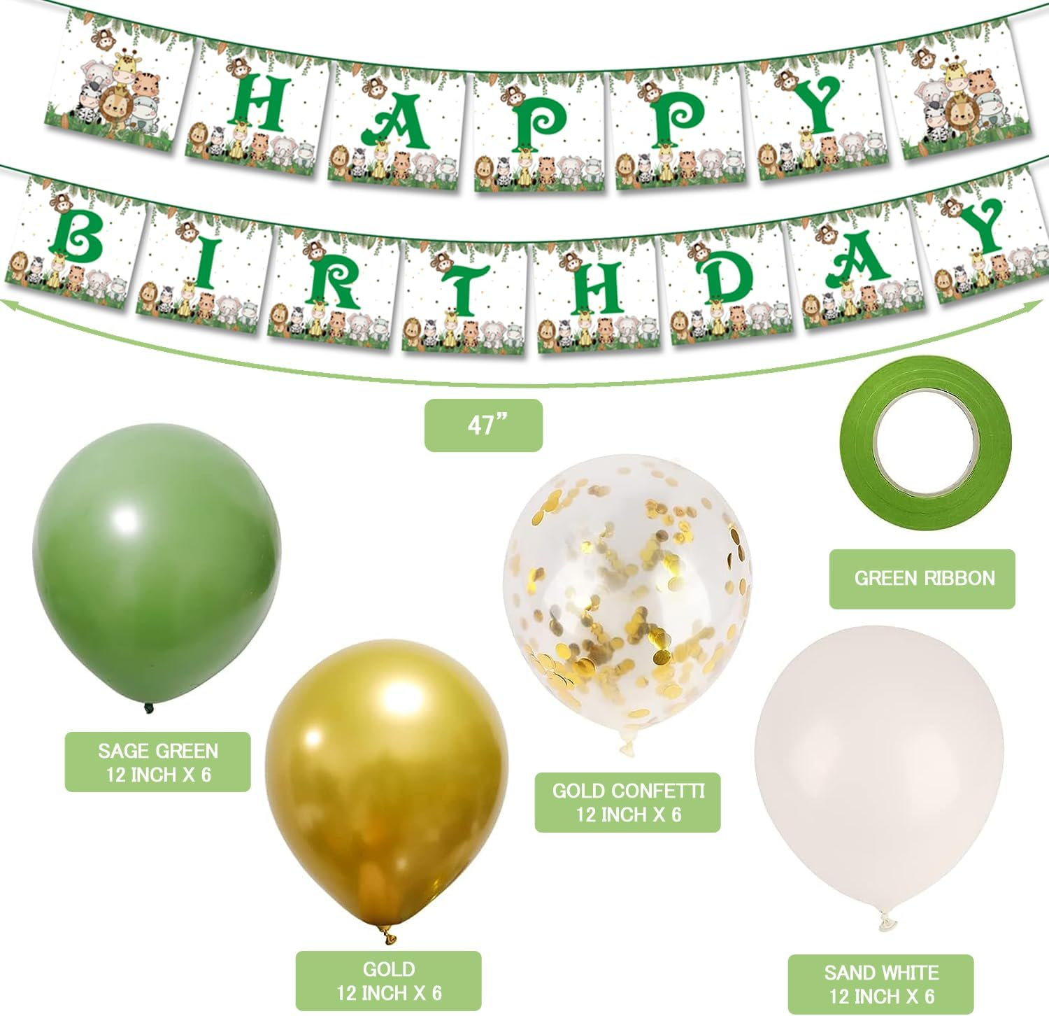 Safari Baby Shower Decorations, Jungle Animal Party Supplies Serves 20, Green Animals Tablecloth, Happy Birthday Banner, Balloons, Plates, Napkins, Cups for Baby Shower Safari Birthday Party Supplies image number 1