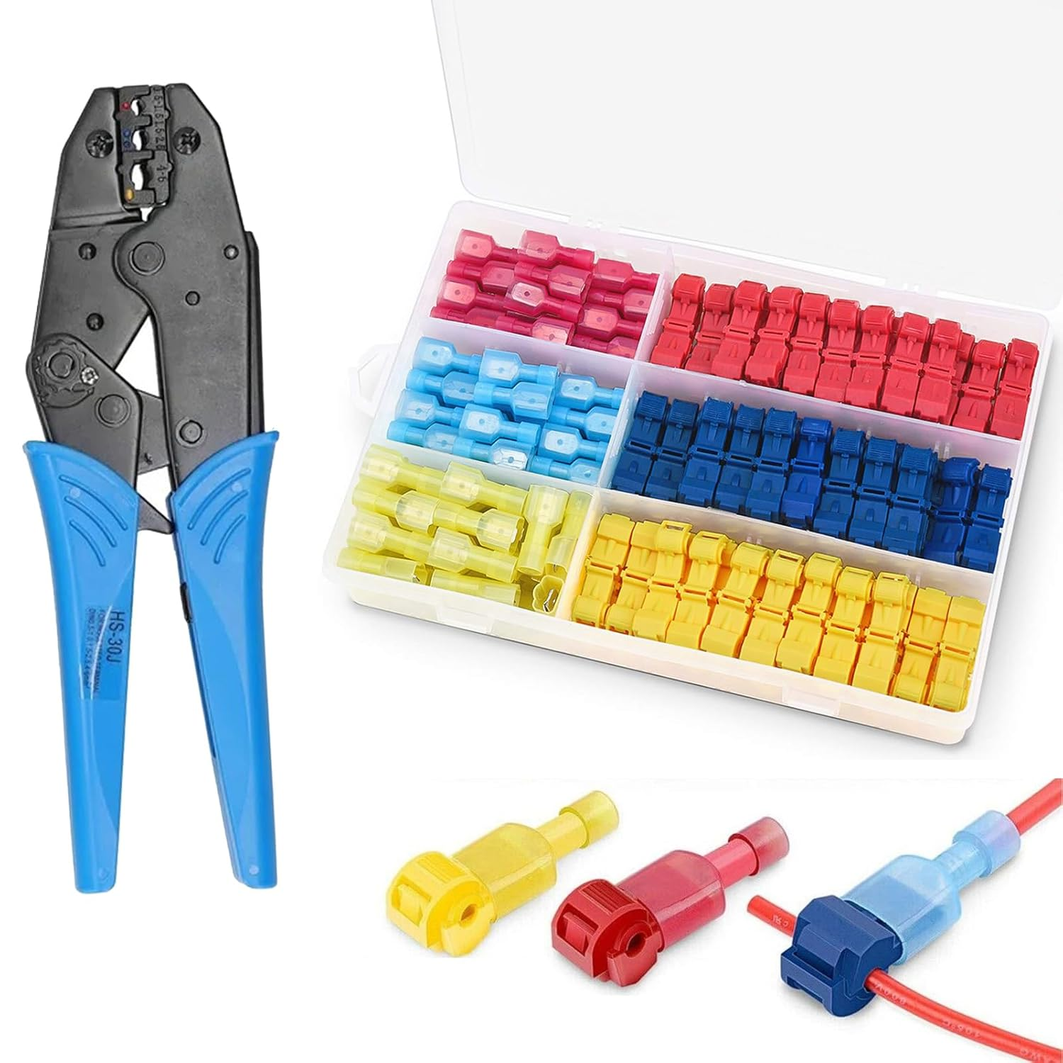 180PCS T Tap Wire Connectors Male Spade Terminals with Crimper,90Pairs Auto Quick Splice Electrical Wire Insulated Quick Disconnect Assortment Kit, AWG 22-18, AWG 18-14,AWG 12-10