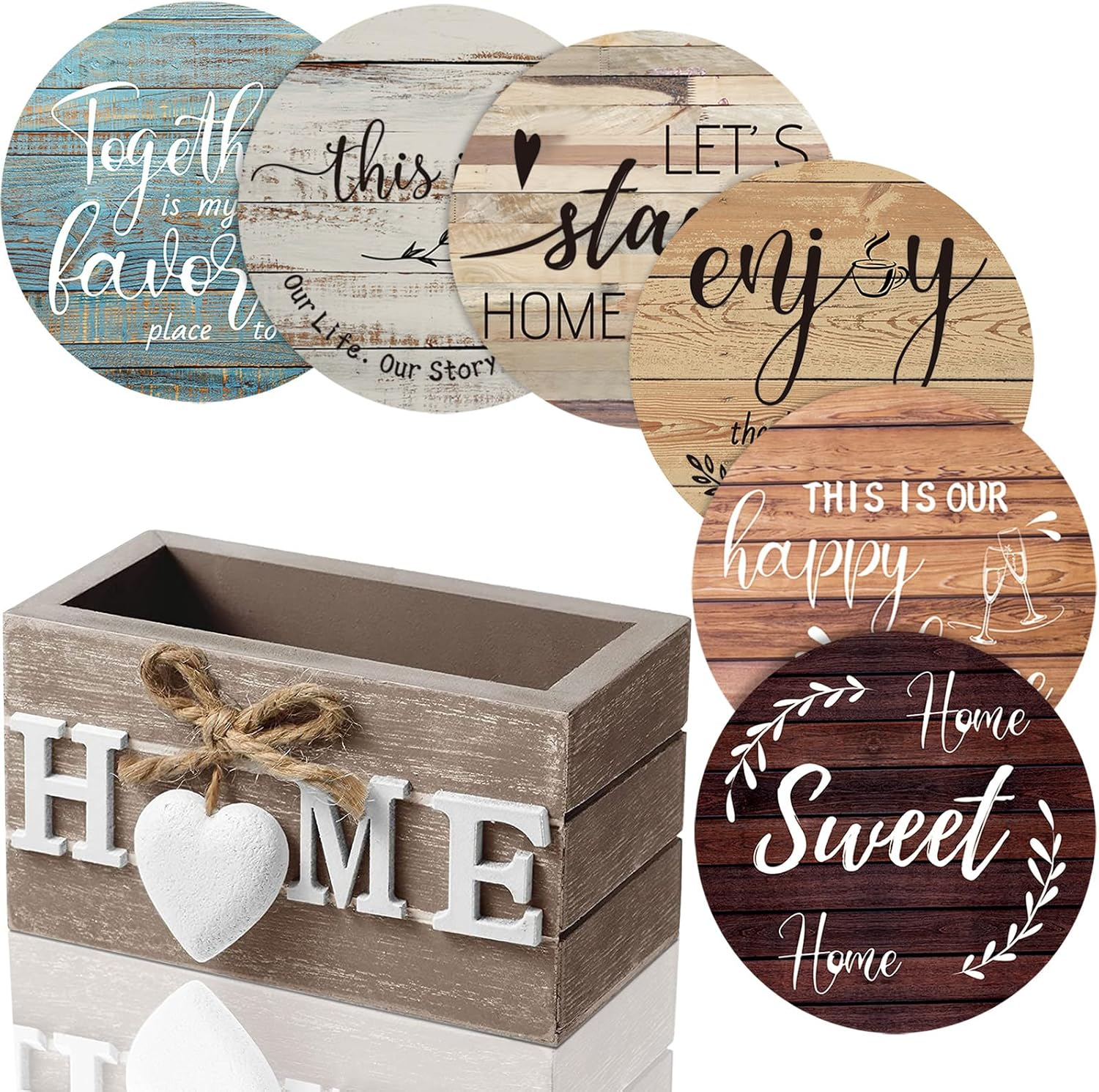 Queekay Housewarming Gifts for Home Decoration Wooden Heart Coasters Drinks Set of 6 Farmhouse with Holder Funny Family Friend Coffee Table Protection, 4 Inch (Brown) (Bd-Queekay-272681)