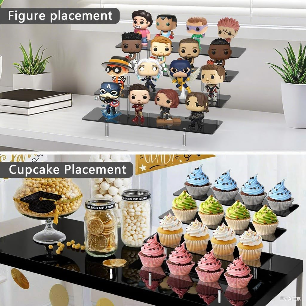 Acrylic Riser Display Stand, Black 4 Tier Cupcake Stand Display Risers Shelf Perfume Cologne Organizer Compatible with Funko Pop Food Dessert Makeup Skincare Cosmetics Lotion Organizer (1 PACK)