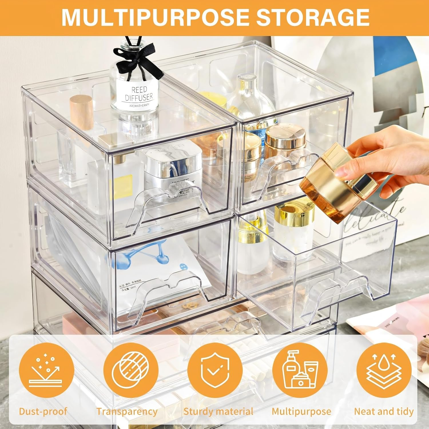 Makeup Organizer, 6 PCS Clear Stackable Storage Drawers, Desk Organizers, Dustproof Drawer and for Make Up, Jewelry, Clear Organizer for Home & Office Use, Bathroom Counter Dressing Table image number 1