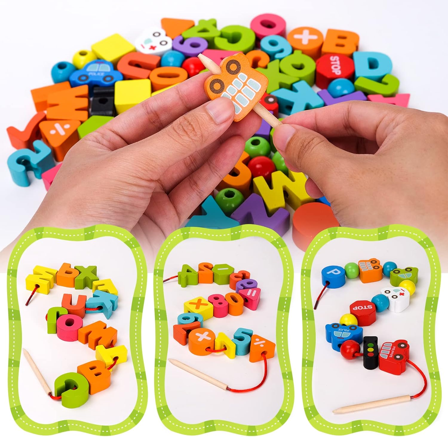 Montessori Sensory Toys for Kids Age 2-3-4, Wooden Toddlers Educational Toys Gifts for 1-3 Year Old Girl Boy Fine Motor Skills Preschool Activities Present Travel Toys Threading & Stacking Letter Car