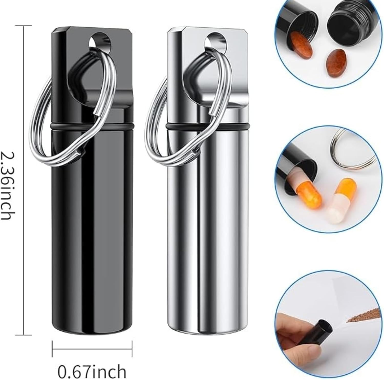 Portable Aluminium Pill Holder Keychain, Mini Medicine Container, 2-Pack Black & Silver, for Purse, Waterproof Metal Pill Holder Medicine Bottle, Outdoor Camping Travel image number 4