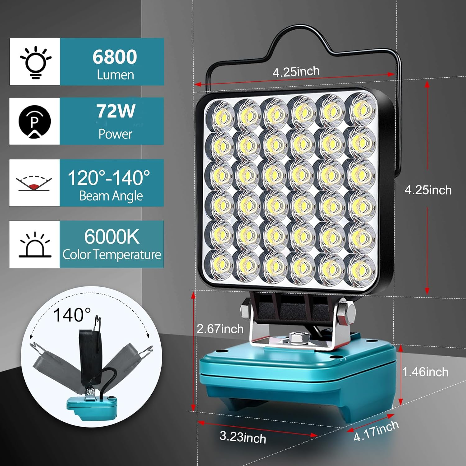 Upgraded Work Light for Makita 18V Battery,72W 6800LM Portable Cordless Floodlight with Usb&Type C Fast Charging Port for Makita Tools,Led Spotlight for Camping,Fishing,Workshop(No Battery) (MTFD4I36) image number 3