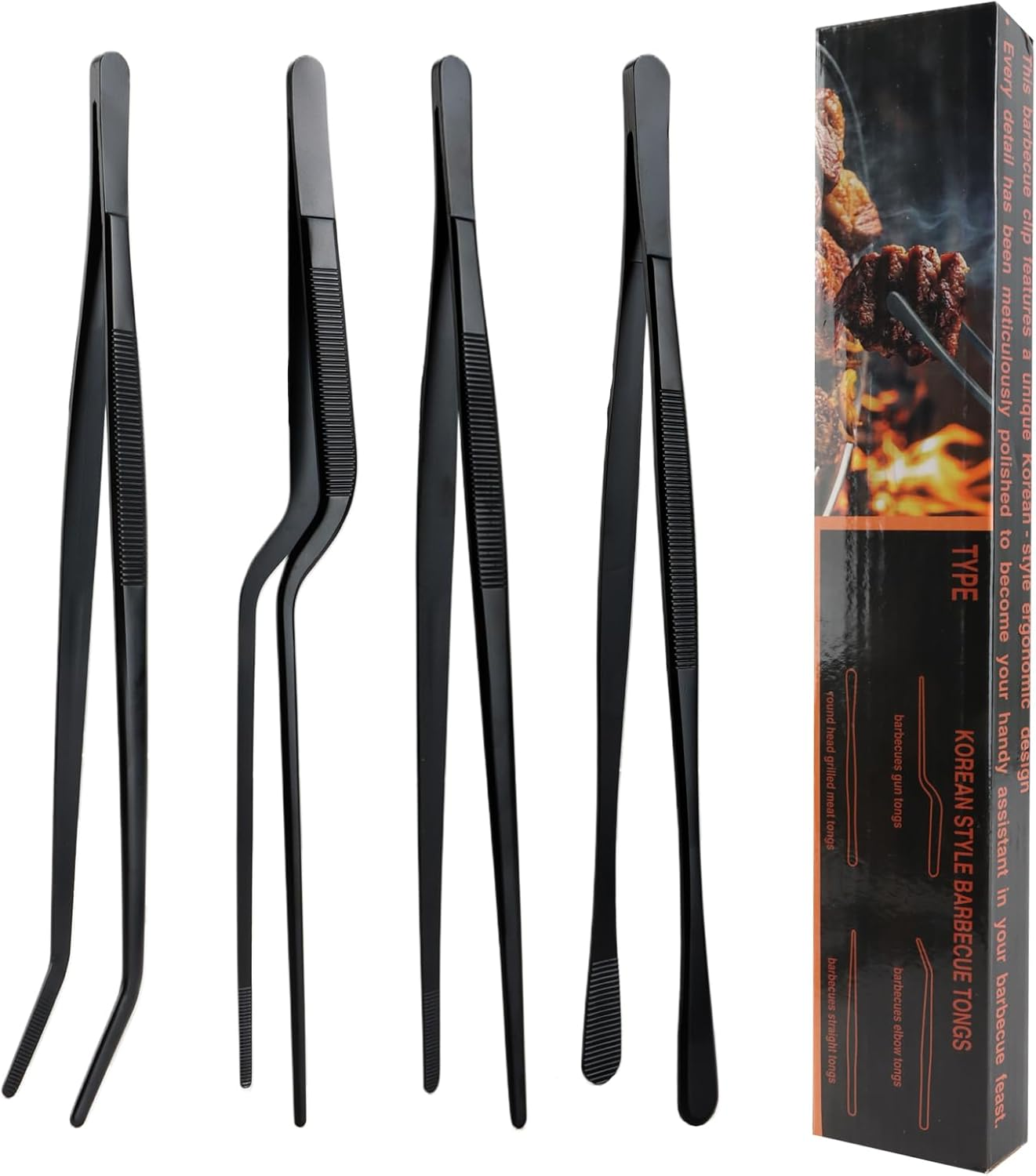4 Pcs Kitchen Fine Tweezer Tongs Set, 12" Extra-Long Stainless Steel Food Tweezers, Professional Precision Cooking Tweezers for BBQ, Seafood, Baking, Garnishing & Repairing (Black) image number 1