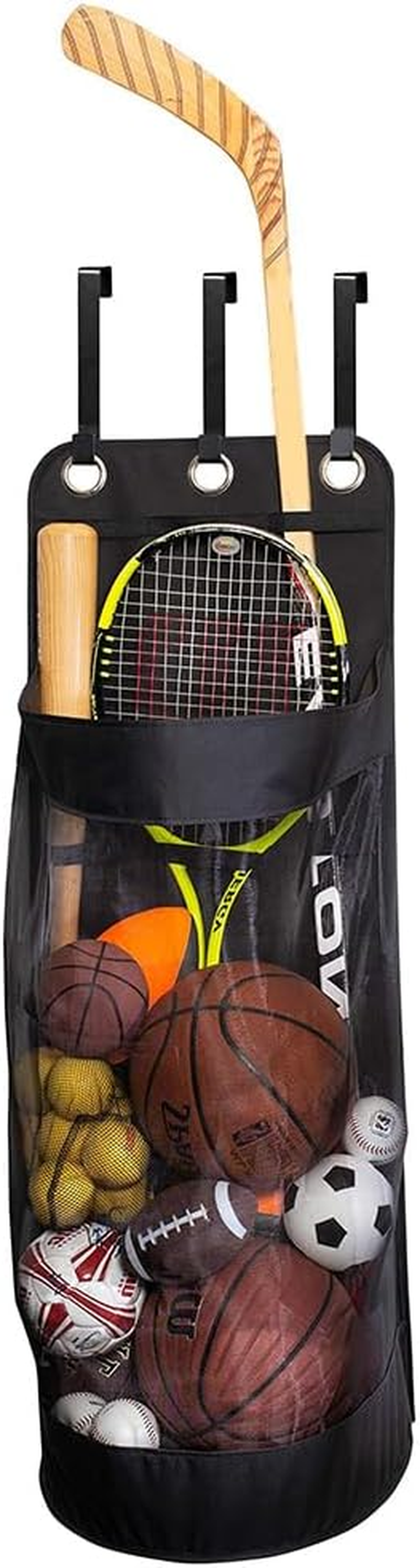 Hanging Hanging Sports Equipment Storage Bag, Black Mesh, Double Layer Oxford Cloth Storage Hanging Bag for Storing Footballs, Basketballs, Rugby and Other Sports Equipment. image number 2