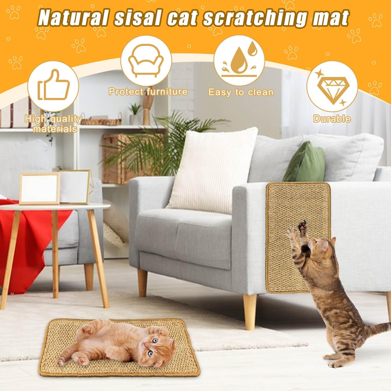 Wall Scratching Mat, 2 Pieces Cat Scratching Mat, 50 X 25 Cm, Natural Cat Scratching Mat, Wall, Free from Chemicals, Sisal Carpet, Cats, Cat Scratching Mat for Sofas, Wall and Bed image number 4