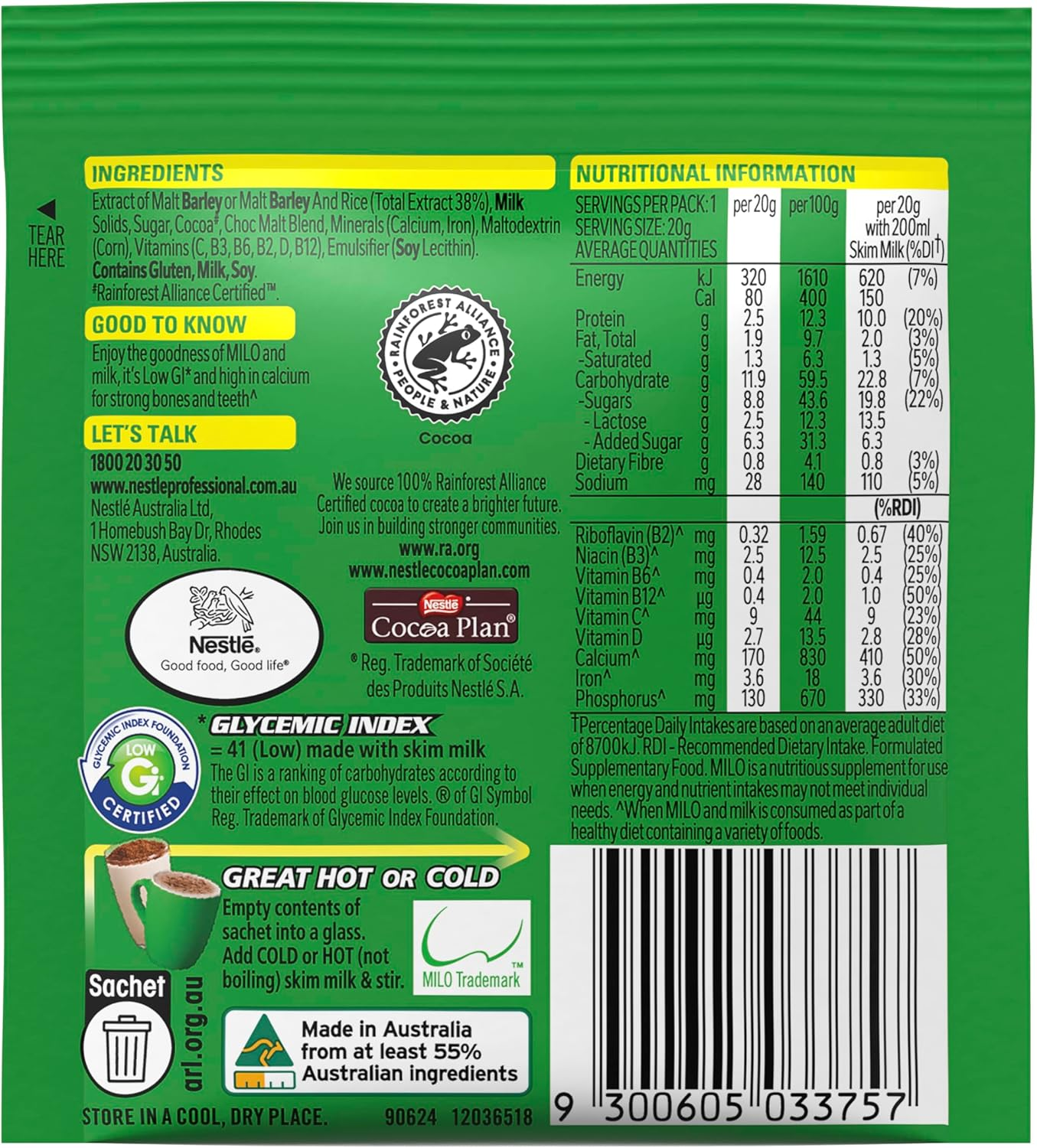 Nestle Single Serve Milo Sachet 20 G (Pack of 100)