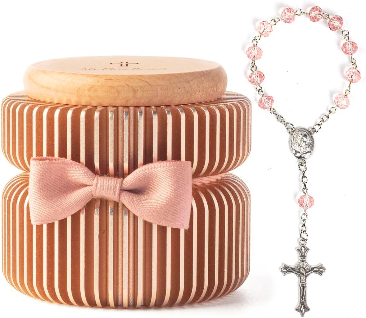 Catholic Baptism Gift Set My First Rosary & Aluminum Alloy Keepsake Box, Catholic Baptism Gifts for Baby Girl or Dedication Baptism Gifts for Girl or Kids (Pink Gold)