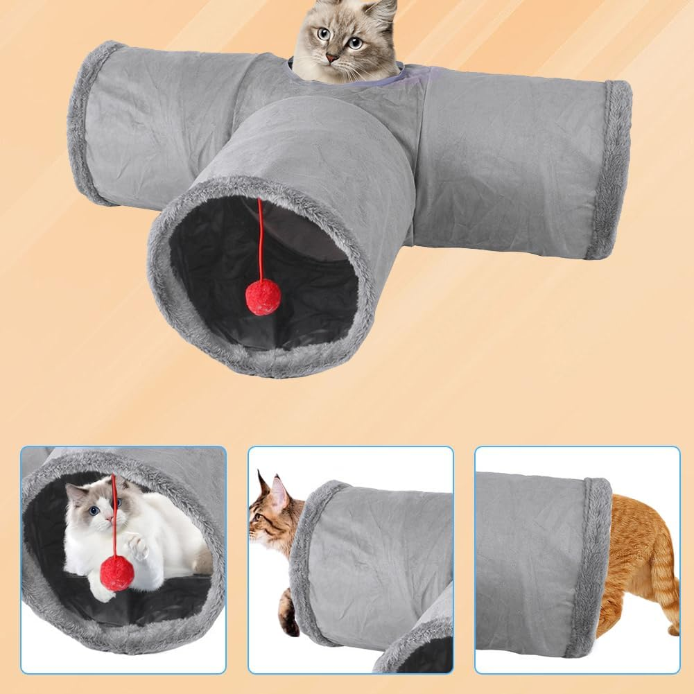 CEWROM Cat Tunnel, 3-Way Foldable Cat Tunnel Cat Toy, T-Shaped Cat Play Tunnel with Ball, Rustling Tunnel for Cats, Rabbits and Guinea Pigs, Grey image number 2