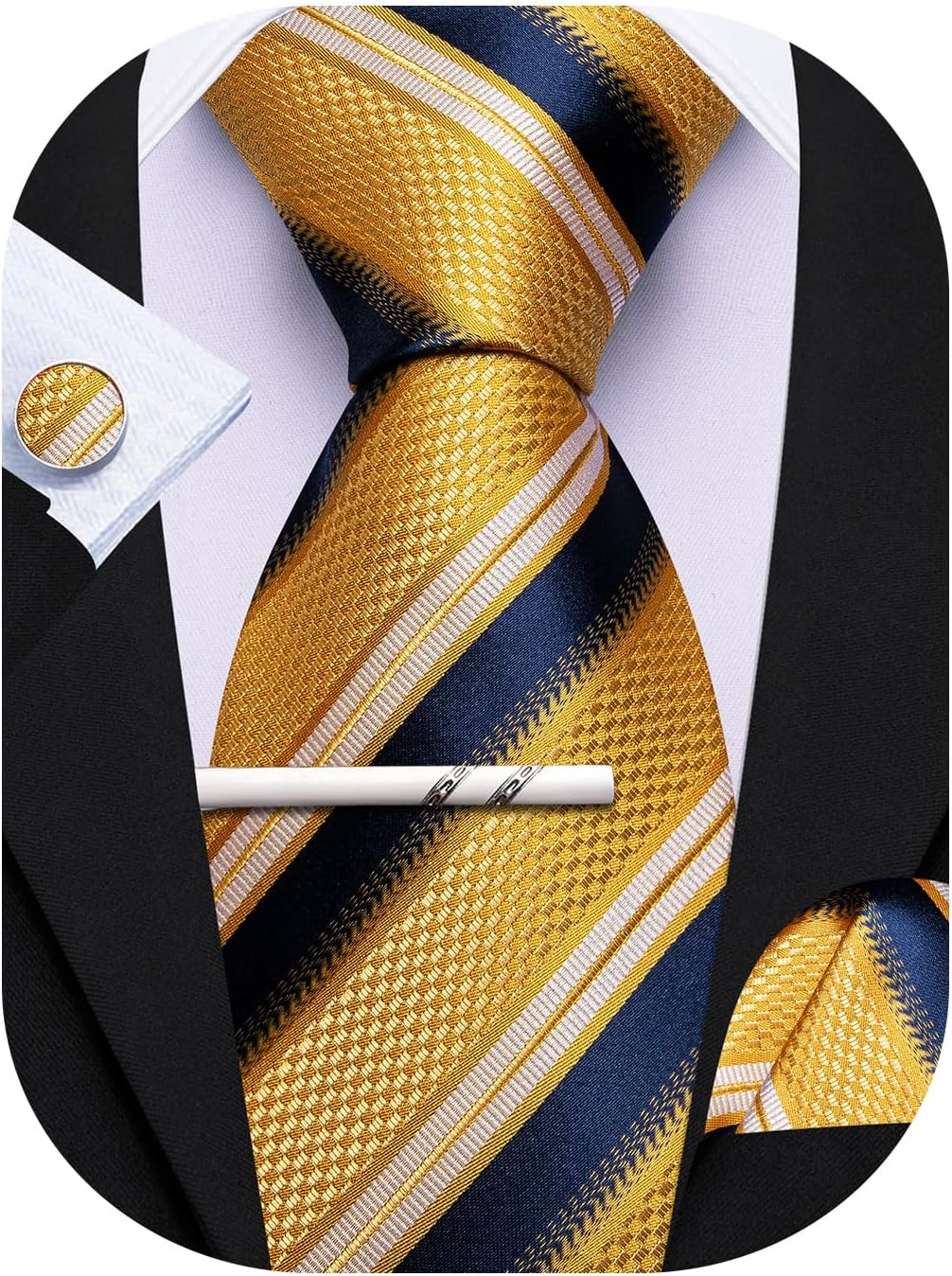 Barry.Wang Striped/Plaid Tie with Tie Clip for Men Silk Necktie Pocket Square Cufflinks Set Formal Business Wedding Party