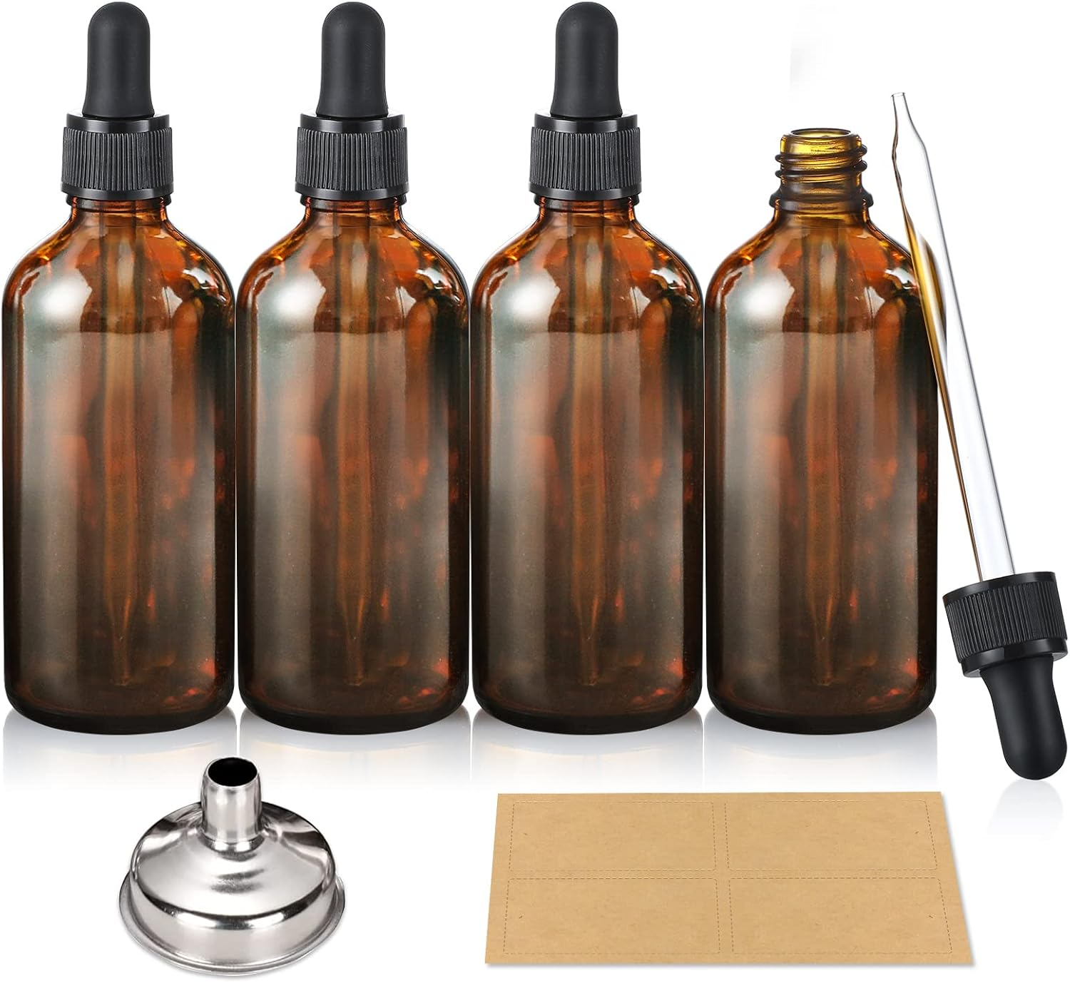 AOZITA 4 Pack, 100Ml Dropper Bottles with 1 Funnel & 4 Labels - Essential Oils Bottles for Health, Personal Care & Beauty - 3.4Oz Thick Dark Amber Glass Tincture Bottle with Eye Droppers, Leakproof image number 6