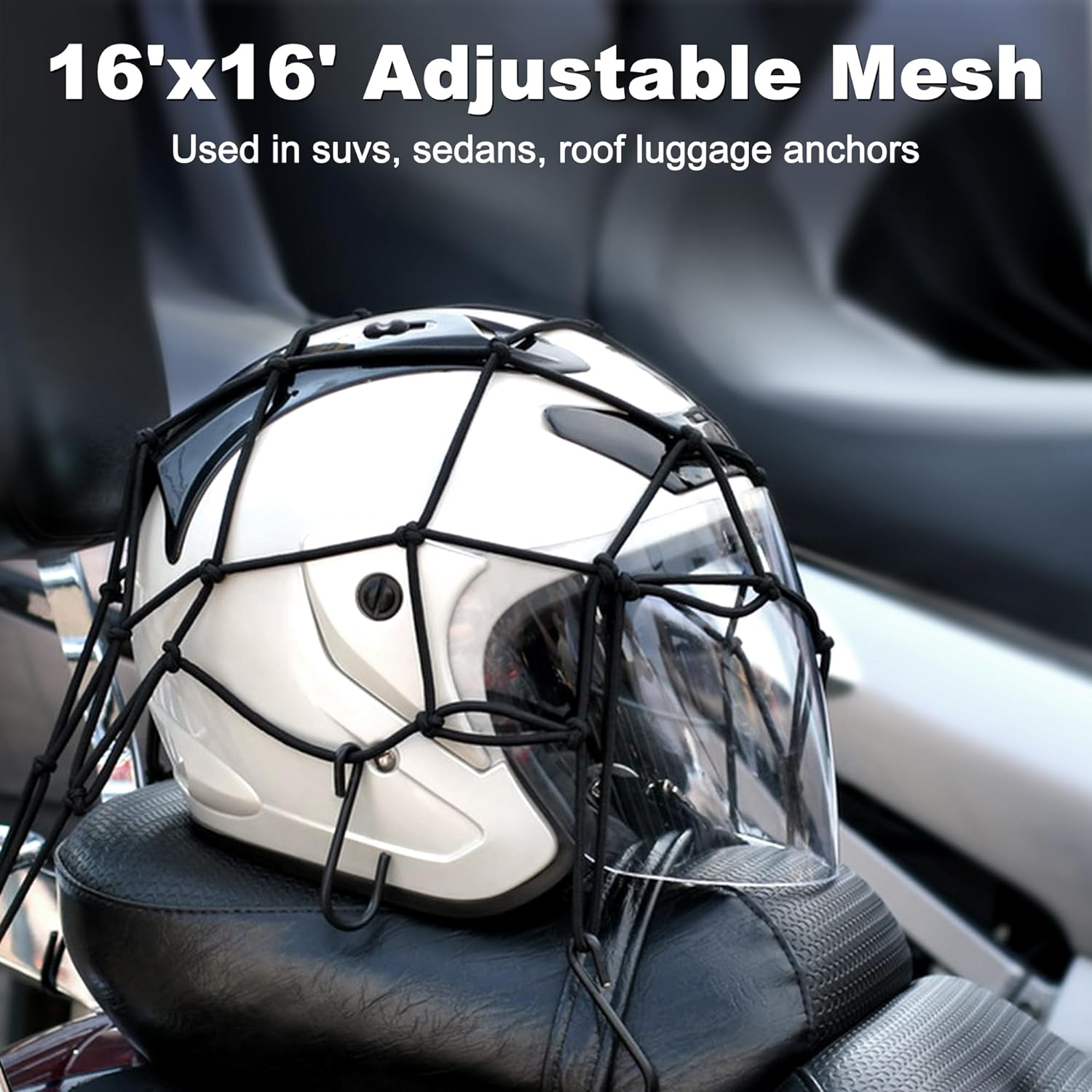 Cargo Nets for Motorcycle Helmet 16"X16" Elastic Bungee Net Storage Featuring 6 Hooks Tight 2"X2" Mesh Luggage Strap Rack Expansion Organizer Net Pocket for Motorbike E-Bike Trike image number 1