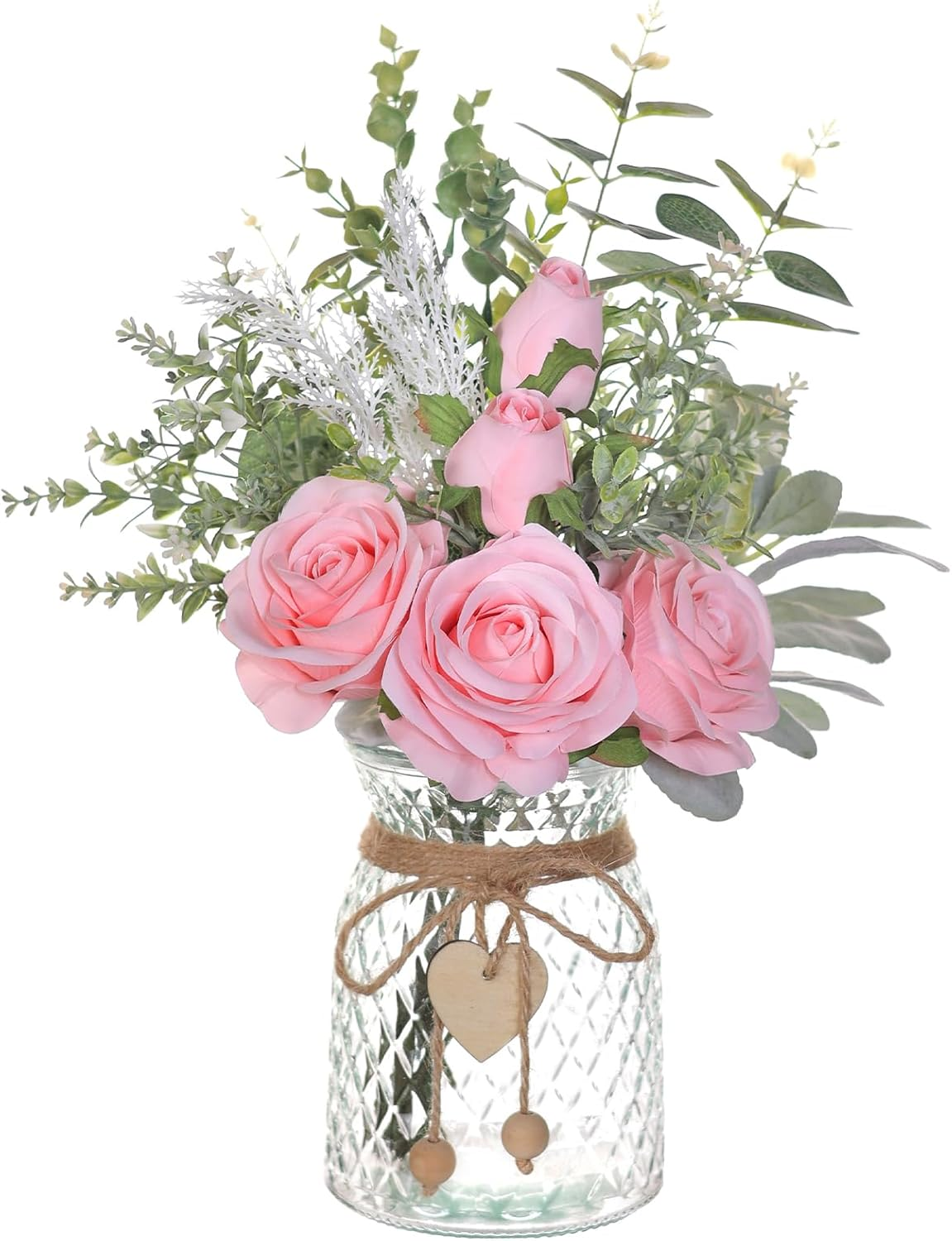 Faux Flowers with Vase,Artificial Silk Roses in Vase, Fake Plant Eucalyptus Flower Arrangement for Home Office Farmhouse Bathroom Dining Table Centerpiece Decorations Coffee Table Decor (Pink) image number 4
