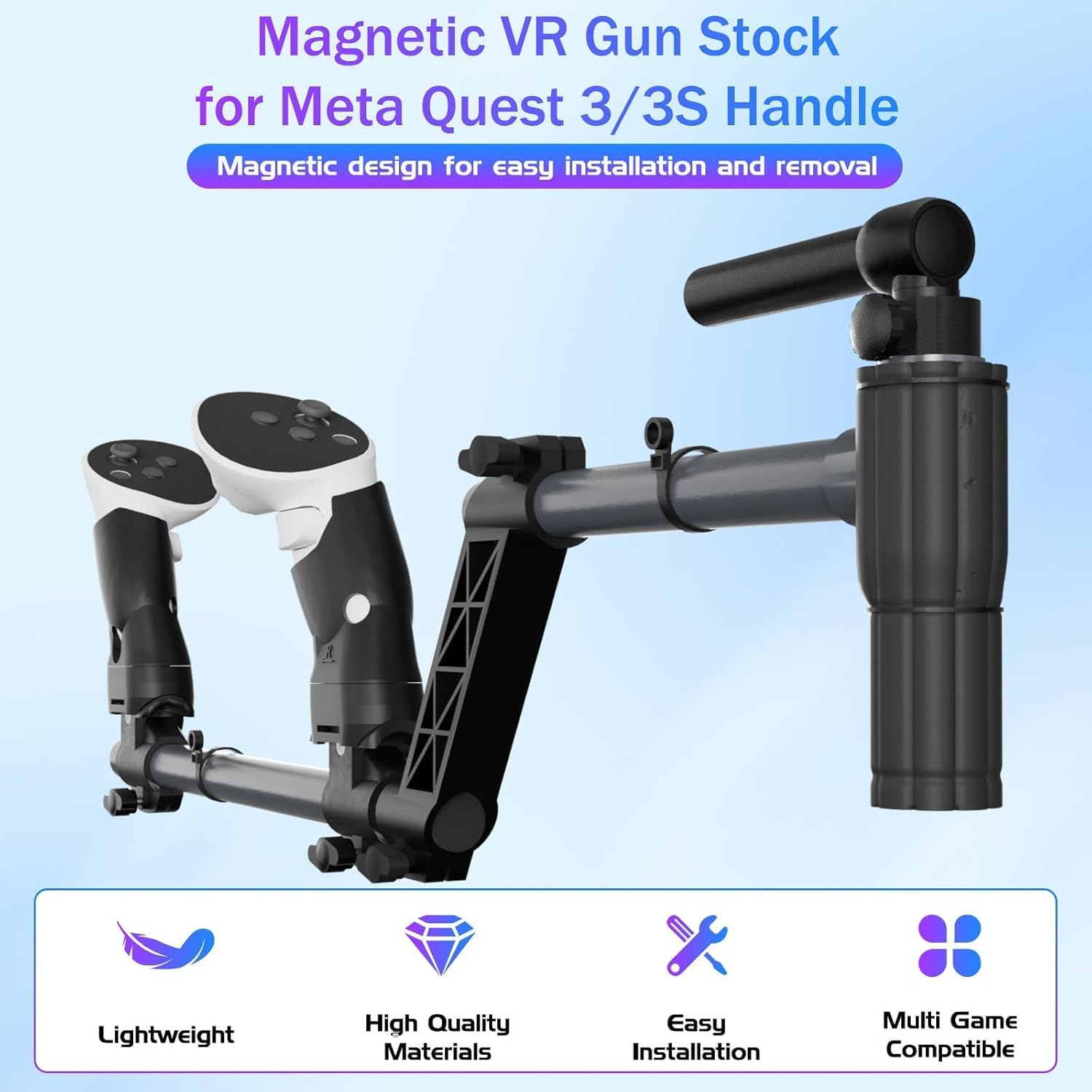 Magnetic VR Gun Stock for Quest 3, Rifle Grip VR Stock Controller Accessories Compatible with Metaquest 3S, Lightweight & Quick Removable Quest3 Control Magnetic Gunstock Adapter (Black)