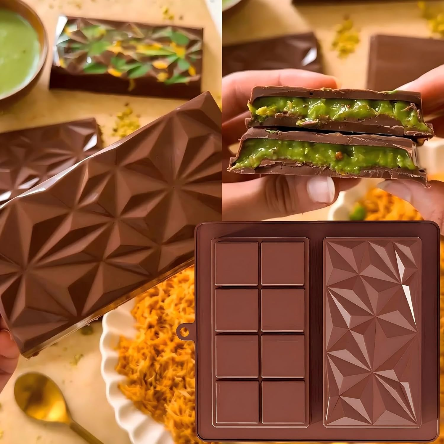 2 Pack Chocolate Bar Mold Deep Dubai 1 Inch Pistachio Chocolate Bar Silicone Thick Mold for Stuffed Bar, Home Kitchen Baking, Holiday Gifts, Wedding Parties Large Candy Bar Mold for Filling - 2 Pack Chocolate image number 2