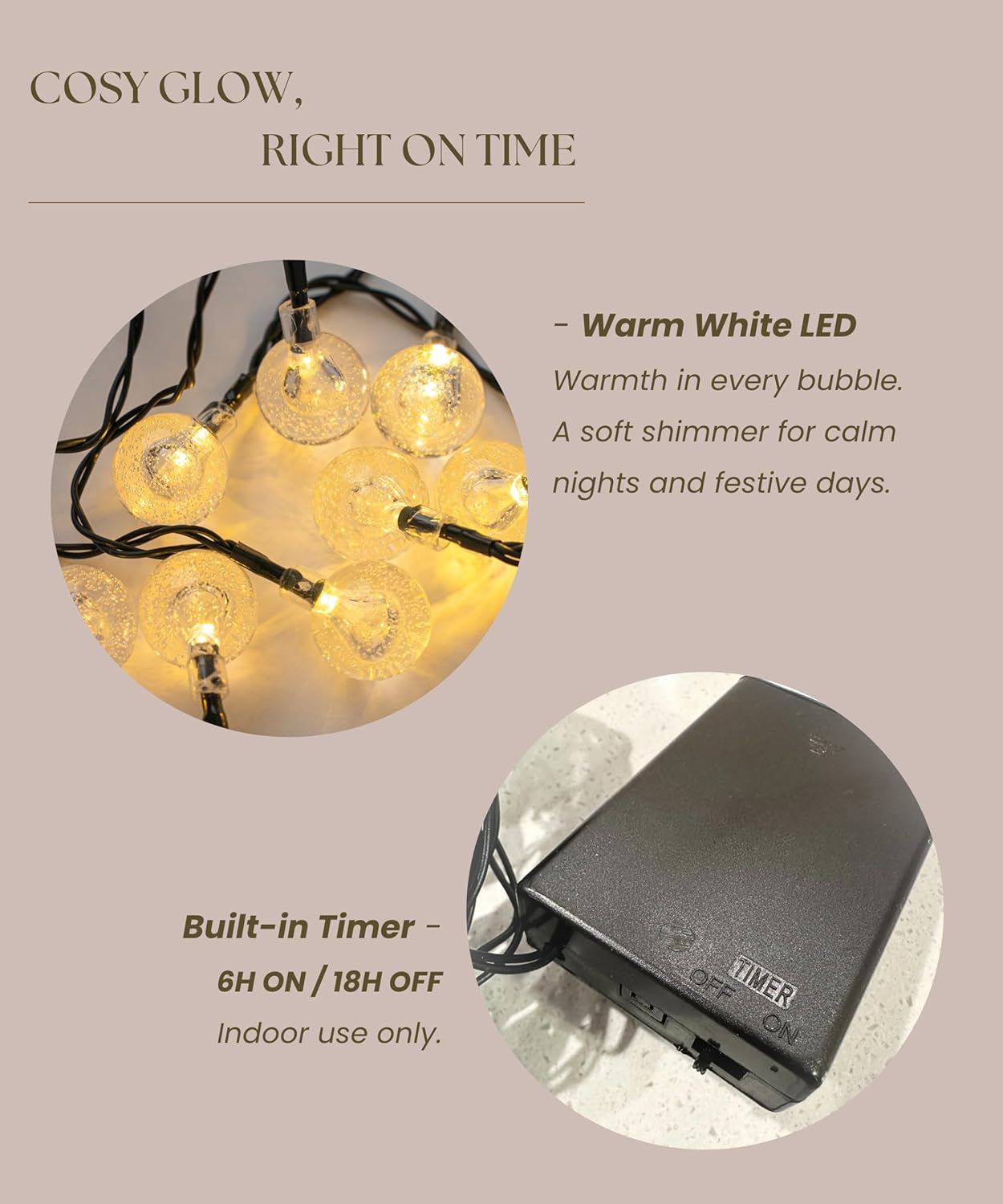 Meletē LED Bubble Ball String Lights &ndash; 6.1M (20Ft), 40 Warm White Leds, Battery Operated with Timer &ndash; Fairy Lights for Indoor Use, Christmas, Bedroom, Party Decoration image number 3