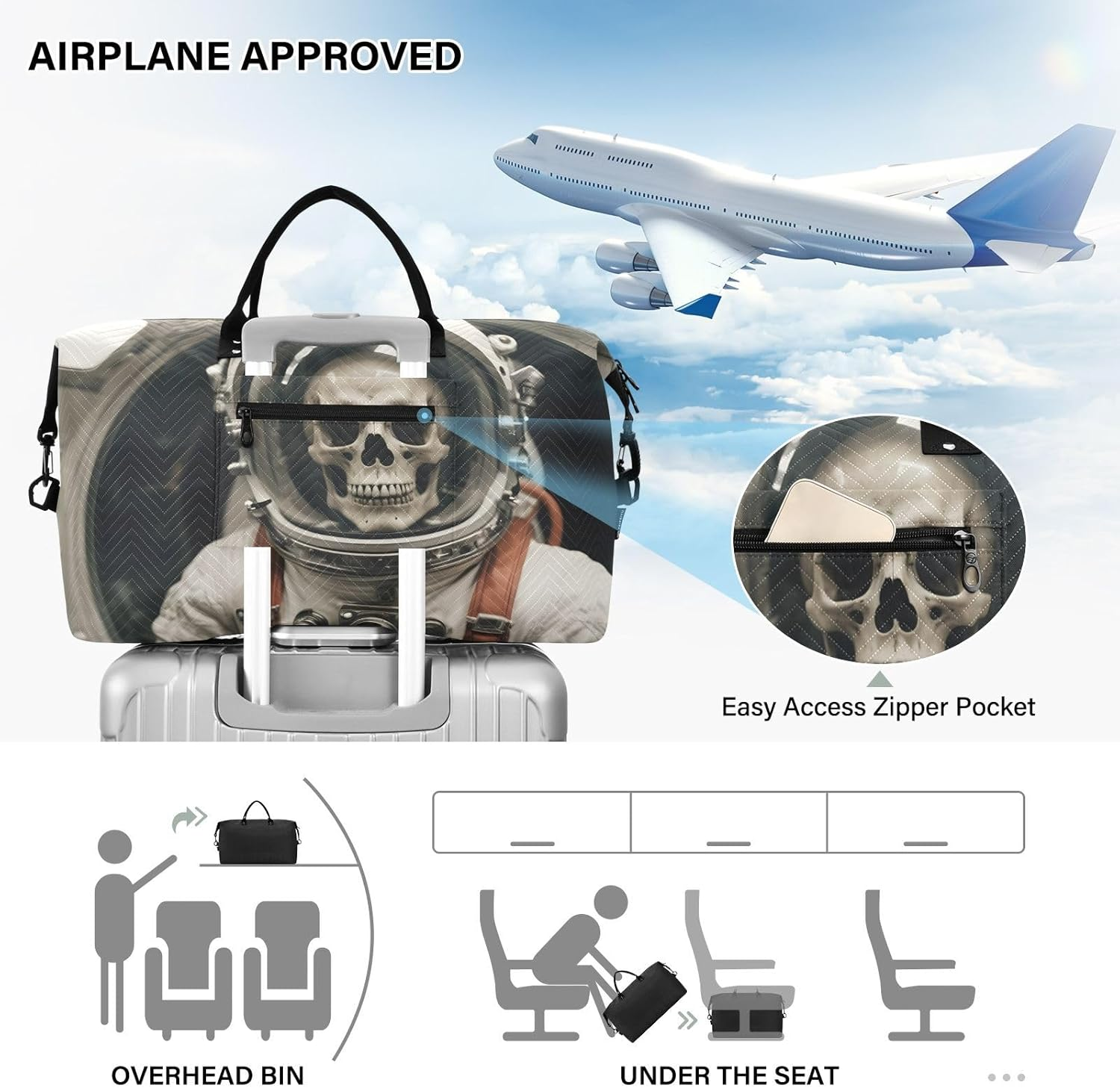 XYMZR Large Travel Duffel Bag, Astronaut Skeletonin Sports Tote Gym Bag, Shoulder Weekender Overnight Bag for Women Men, Carry on Luggage with Toiletry Bags, Multi-Colored, Multi-Colored