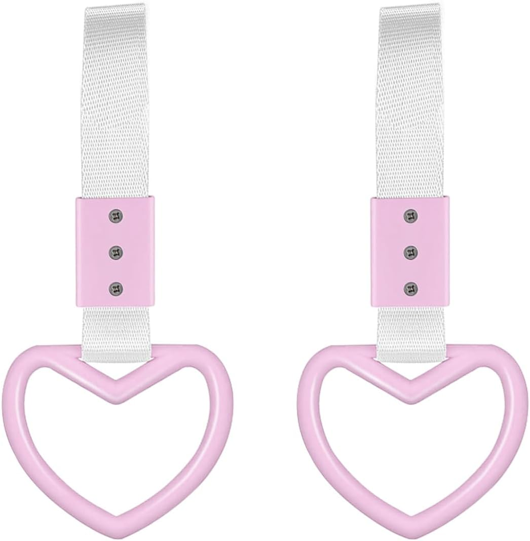 GLSOWEE 2PCS Heart-Shaped Car Handle Straps, Auto Grap Handle Warning Pull Ring, Heart Decor for Car, SUV, Subway, Bus