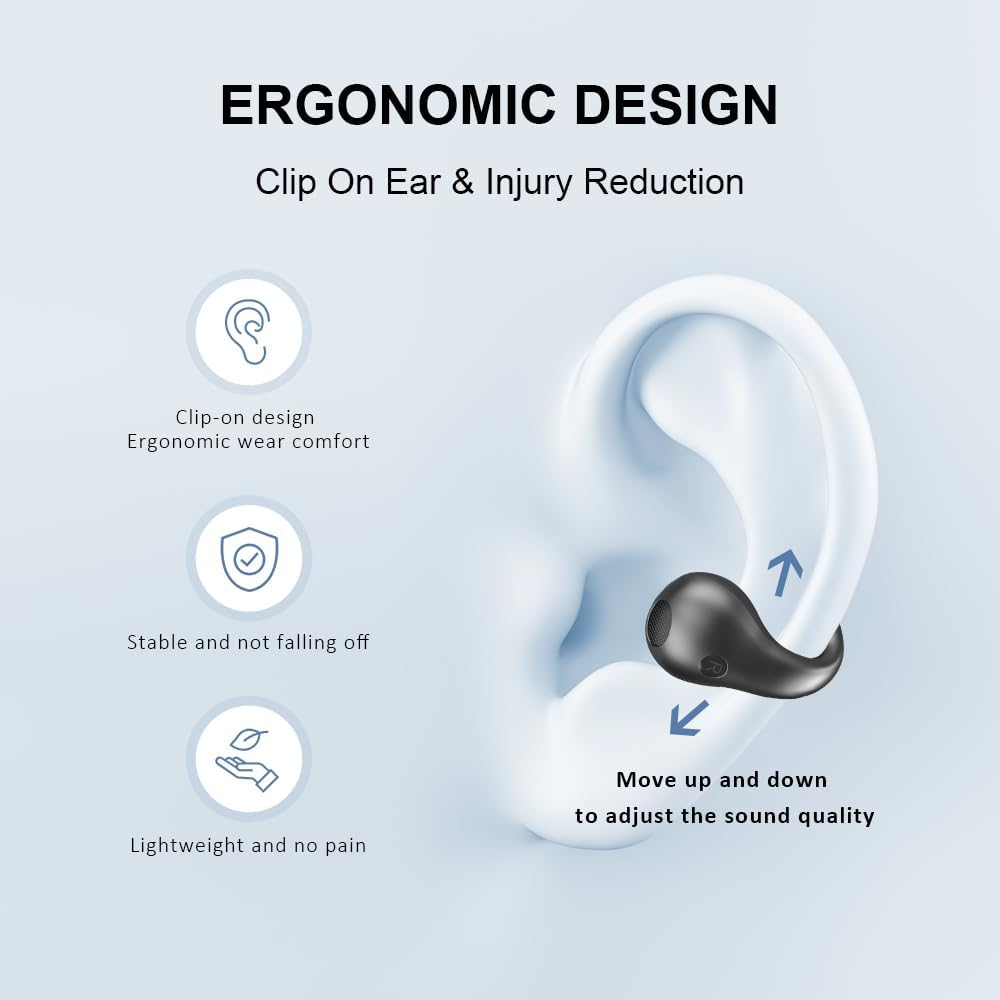Slub Bone Sound Headphones, Open Ear Headphones Bluetooth, Ear Clip Sports Headphones, Bluetooth 5.3, Hifi Stereo Sound, Built-In Microphone, Suitable for Running, Fitness, Outdoor (Black) image number 3